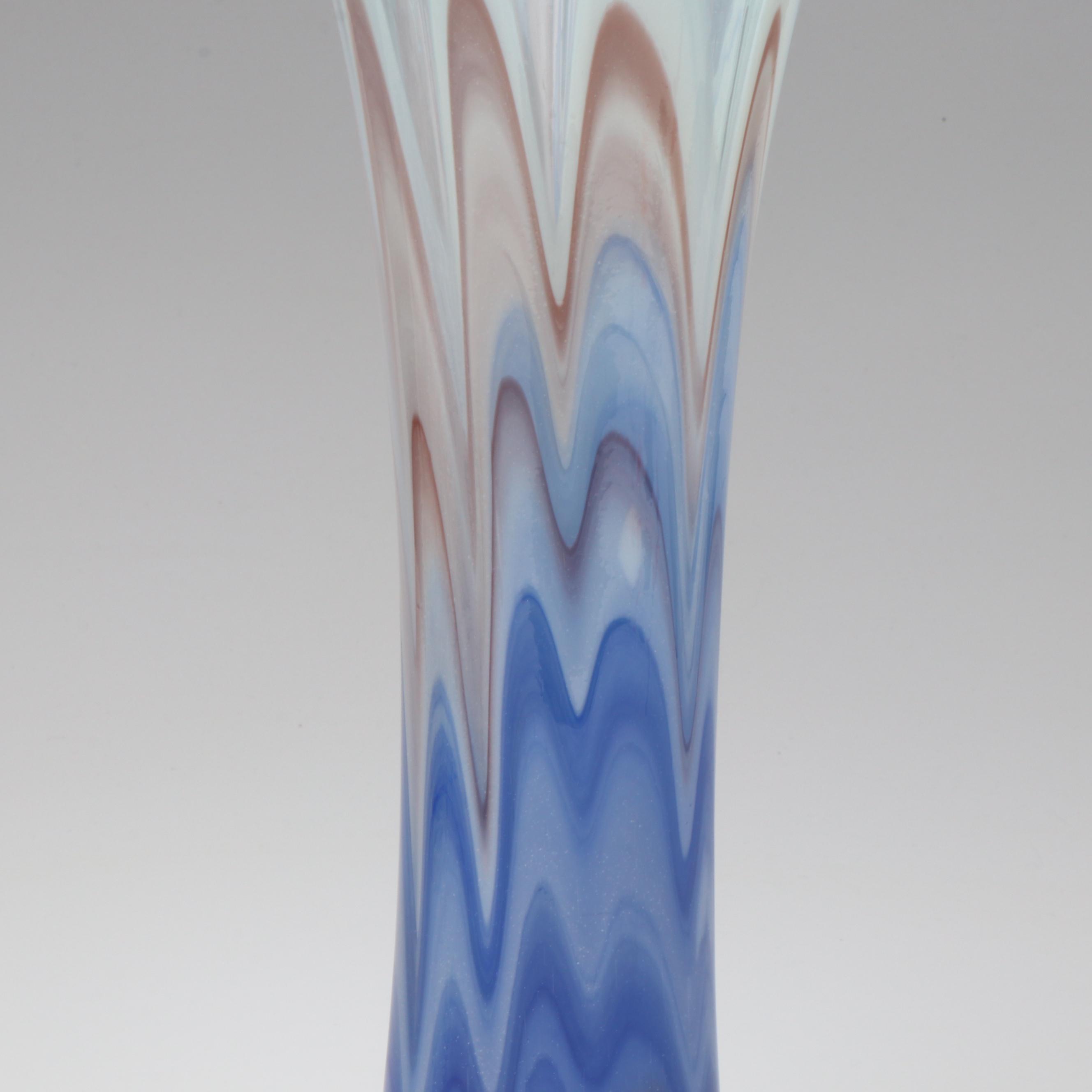 Handblown Blue and White Feather-Picked Glass Vase