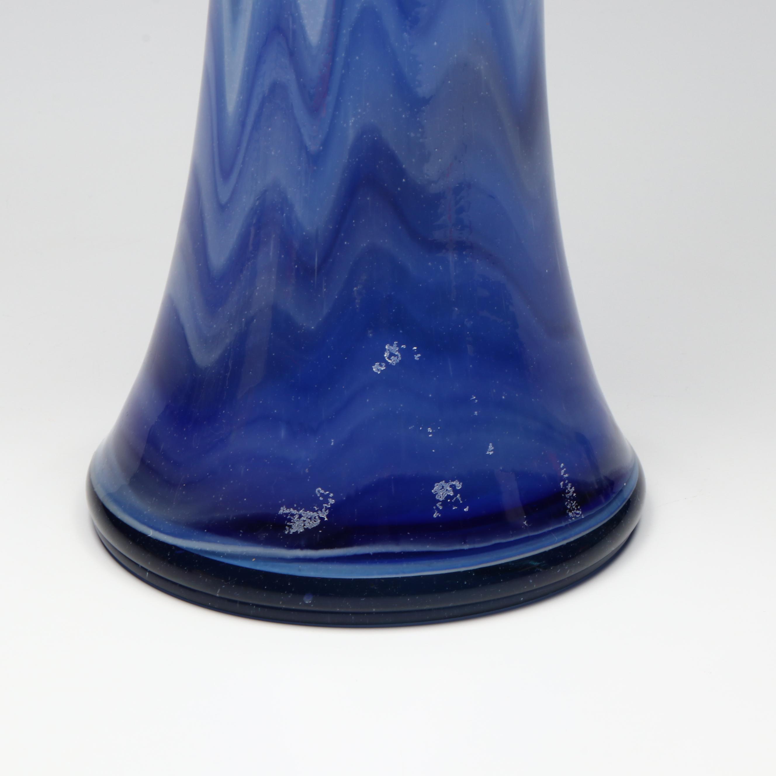 Handblown Blue and White Feather-Picked Glass Vase