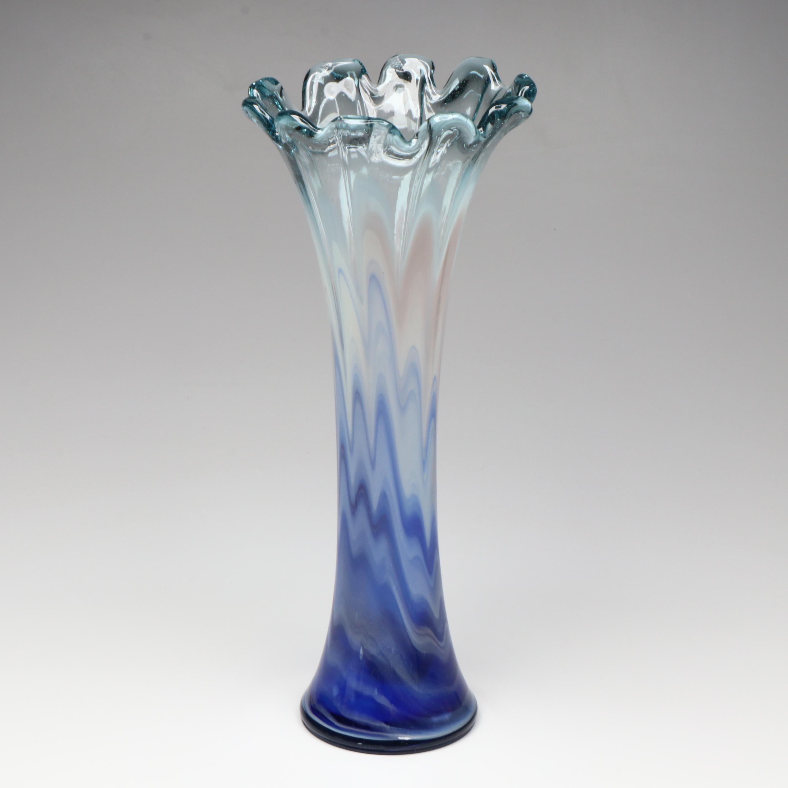 Handblown Blue and White Feather-Picked Glass Vase