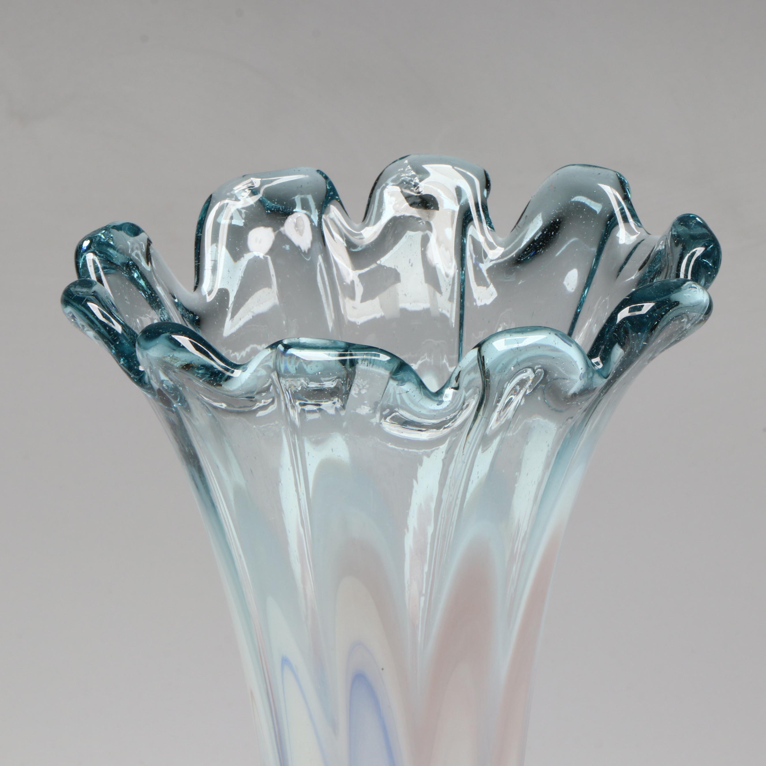 Handblown Blue and White Feather-Picked Glass Vase