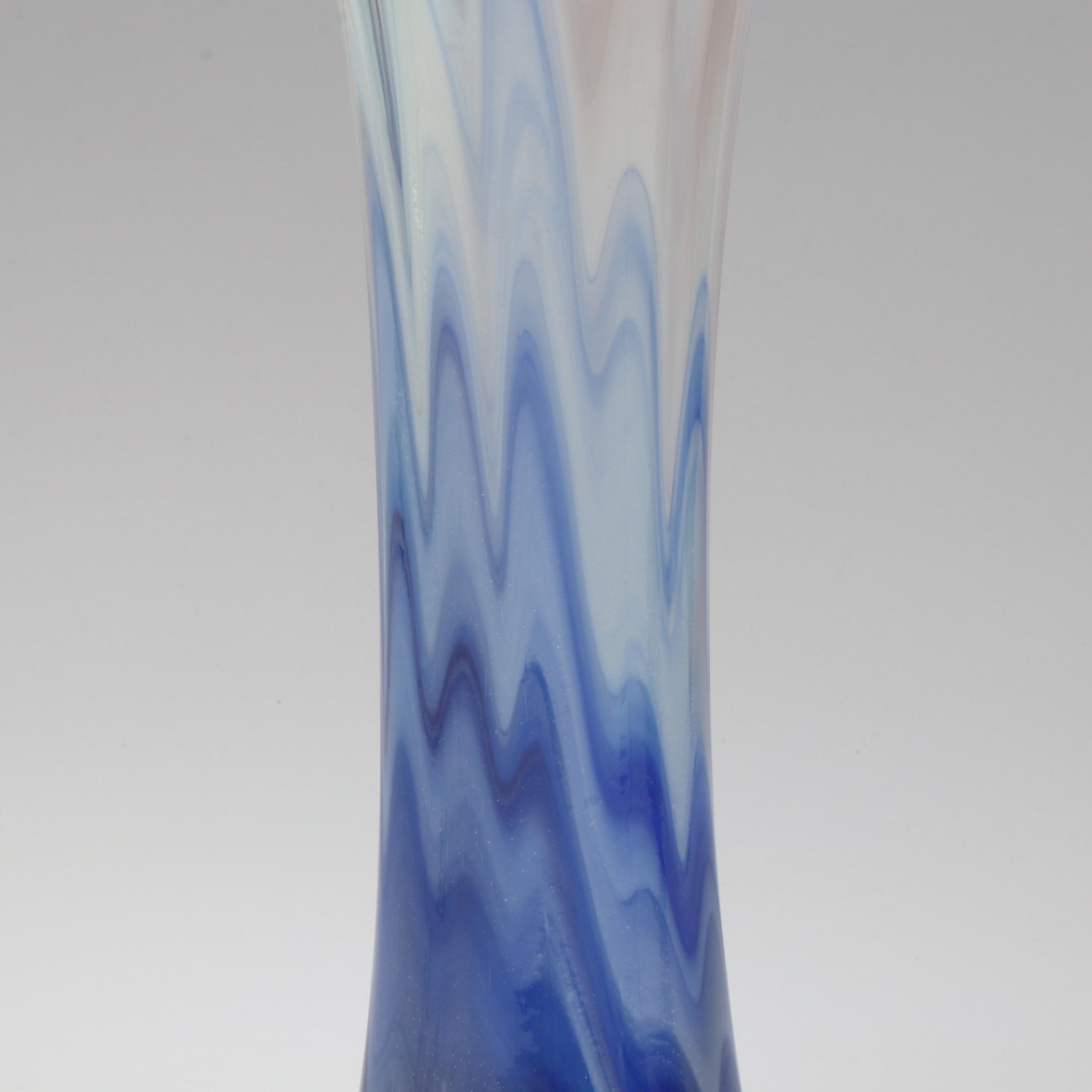 Handblown Blue and White Feather-Picked Glass Vase