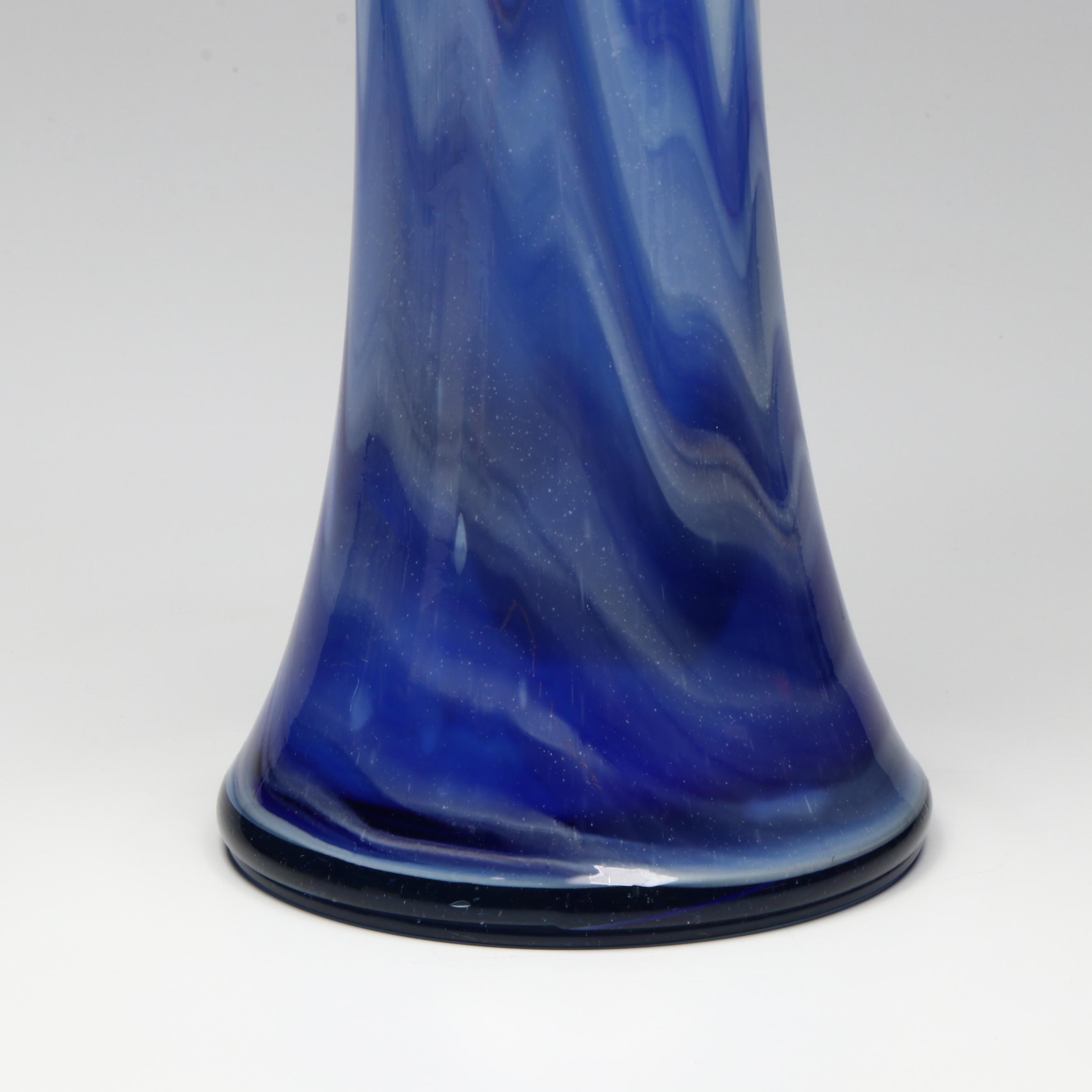 Handblown Blue and White Feather-Picked Glass Vase