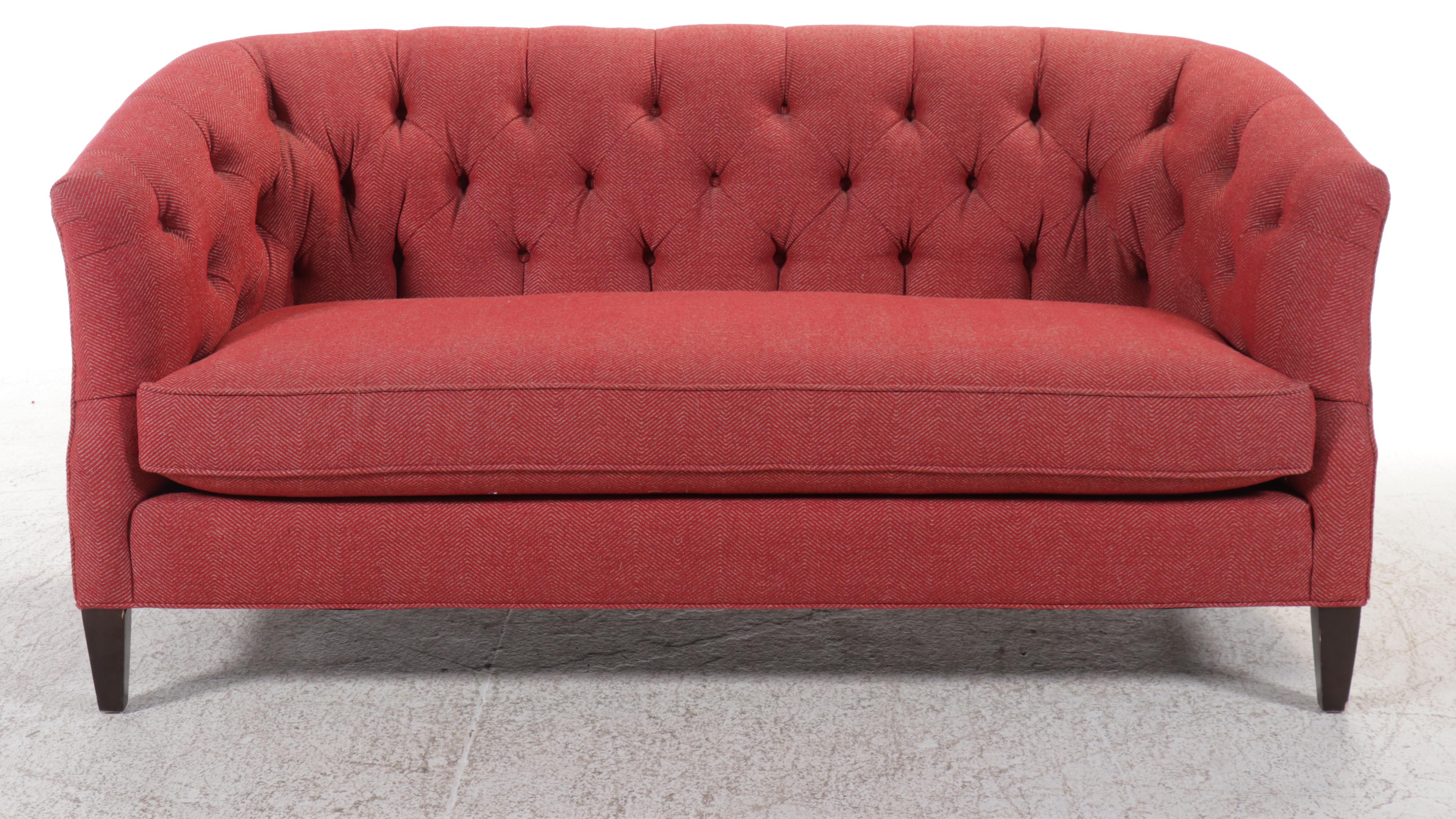 Sherrill Furniture Red Herringbone Upholster Button-Tufted Sofa