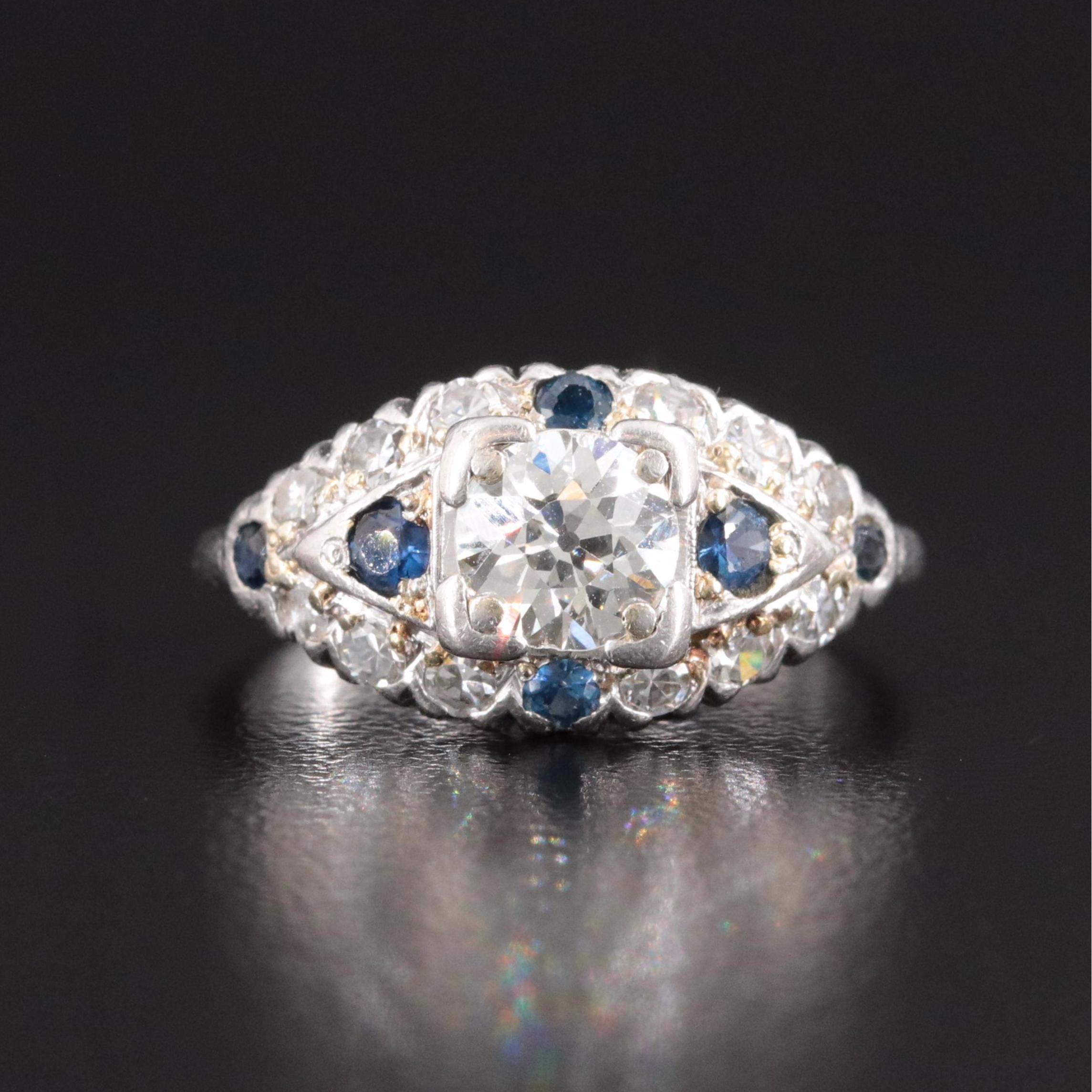 Vintage Platinum 1.06 CTW Diamond and Sapphire Ring