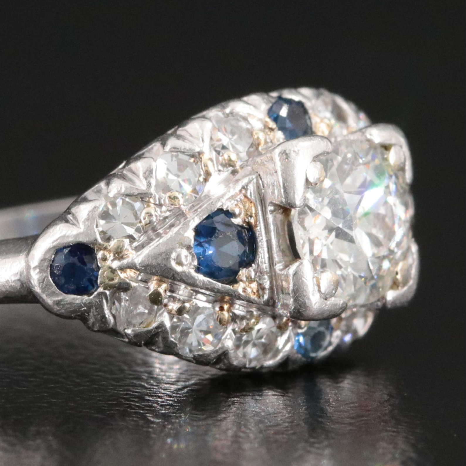 Vintage Platinum 1.06 CTW Diamond and Sapphire Ring