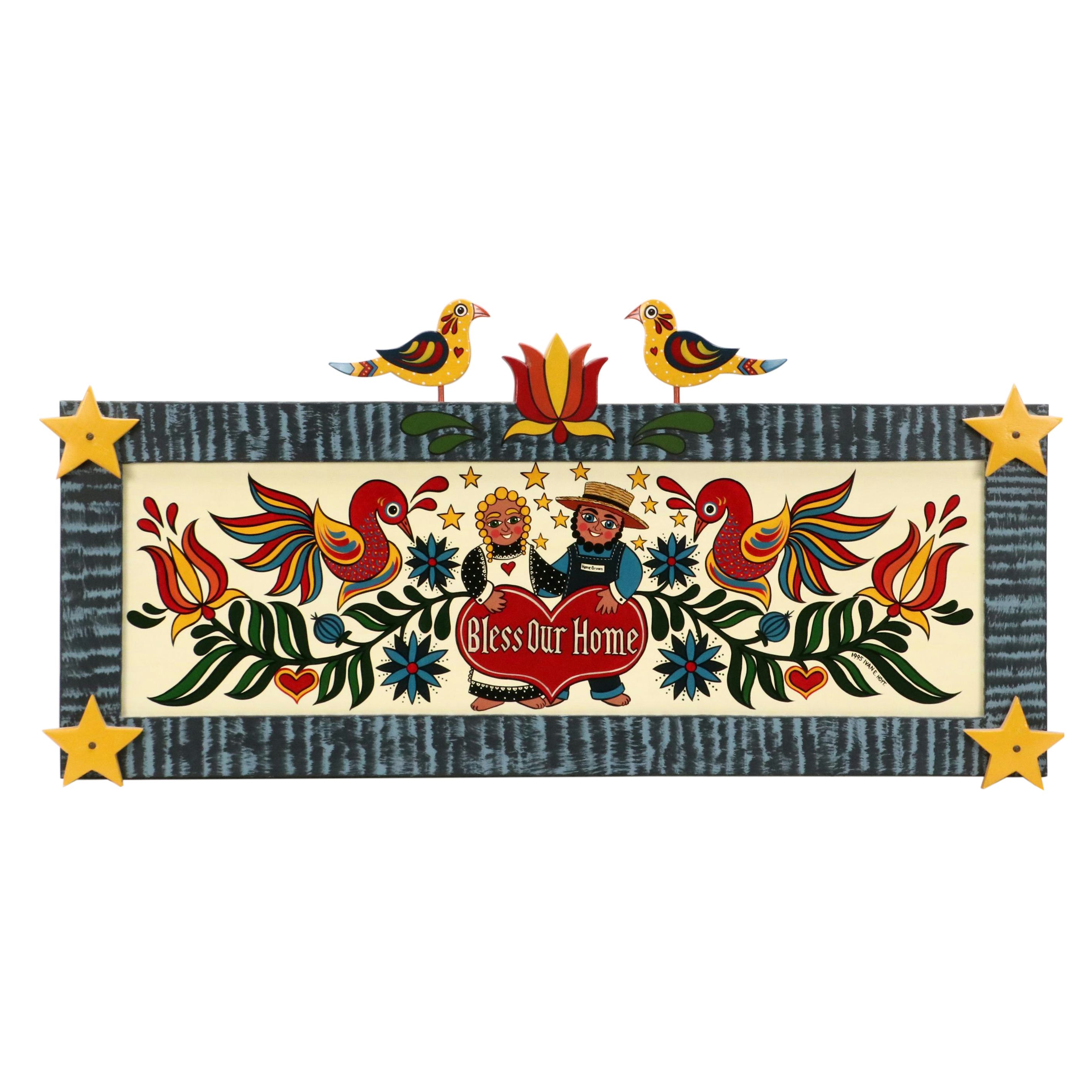 Ivan E. Hoyt Pennsylvania Dutch Acrylic Painting and Handmade Frame, 1995