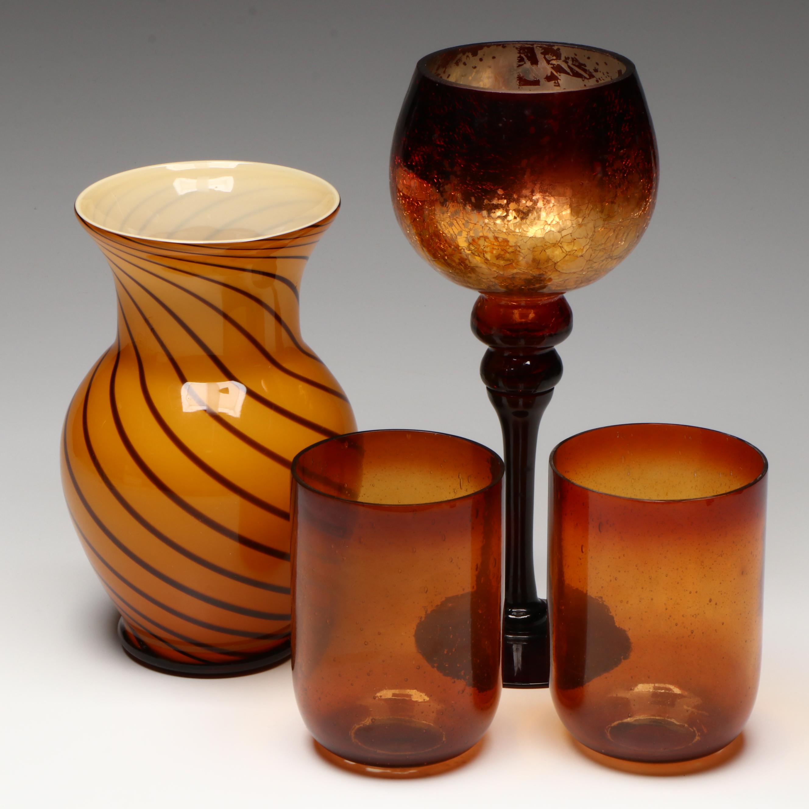 Cased Glass Spiral Pattern Vase, Amber Glass Vases, Crackle Glass Votive Holder