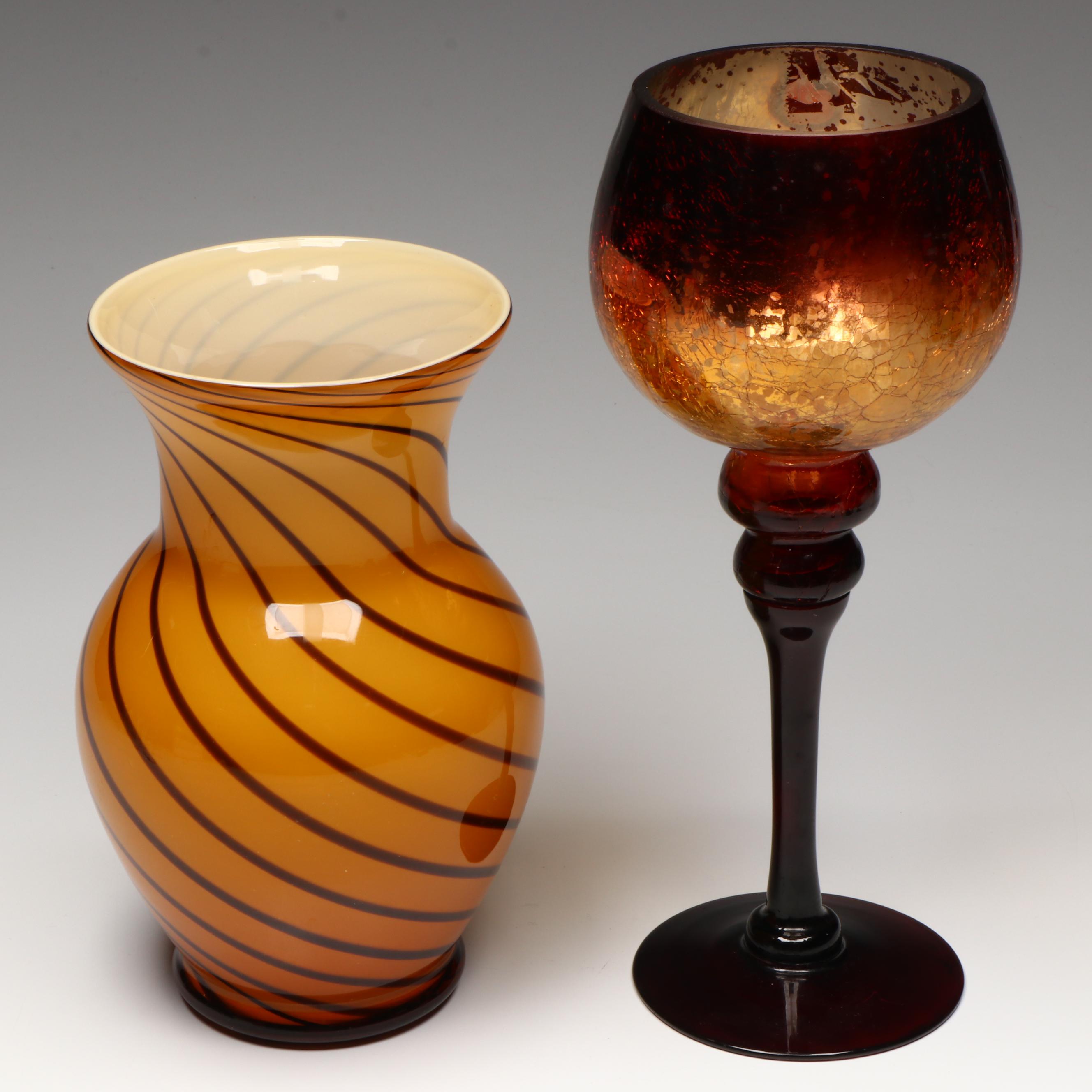 Cased Glass Spiral Pattern Vase, Amber Glass Vases, Crackle Glass Votive Holder