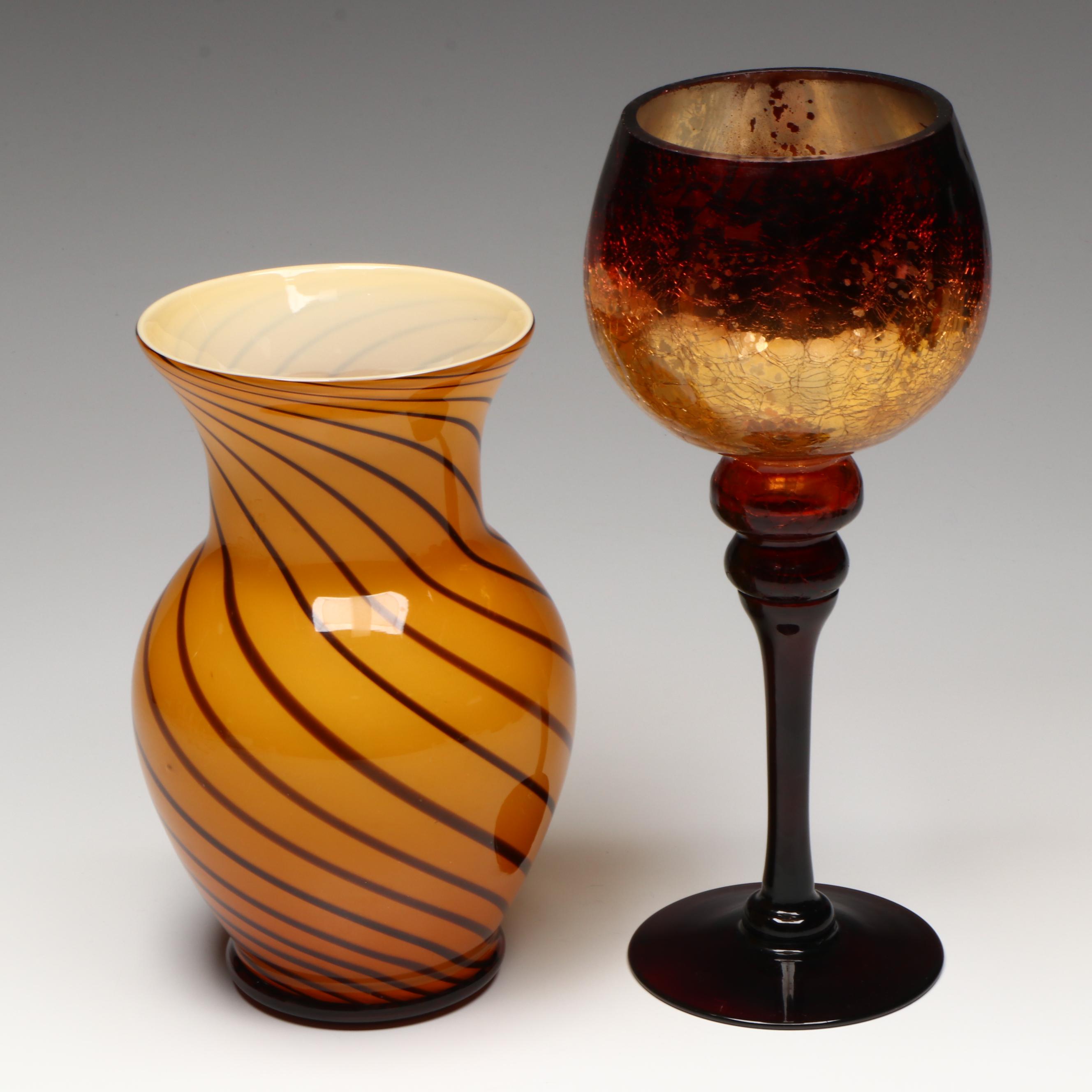 Cased Glass Spiral Pattern Vase, Amber Glass Vases, Crackle Glass Votive Holder