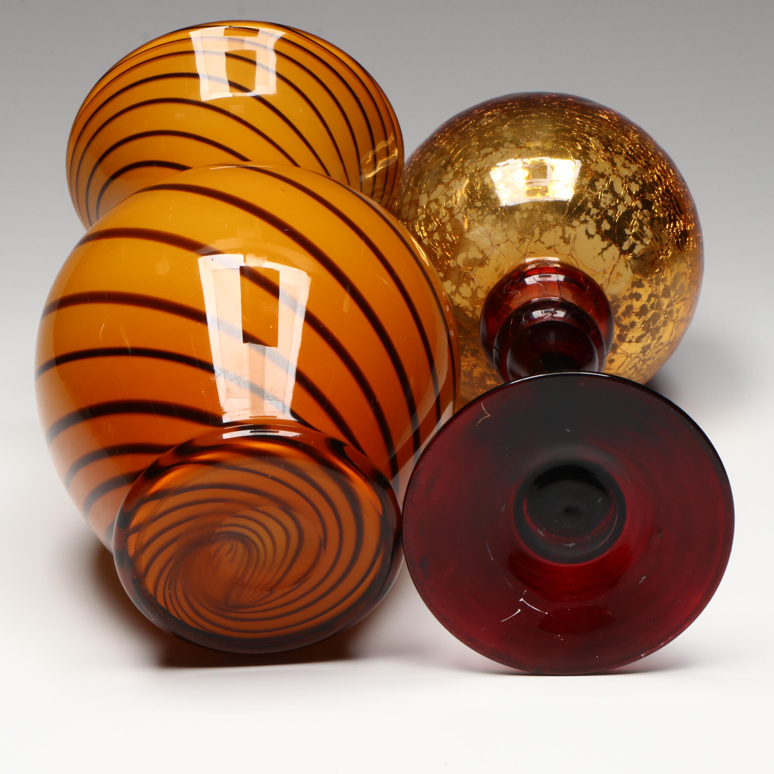 Cased Glass Spiral Pattern Vase, Amber Glass Vases, Crackle Glass Votive Holder