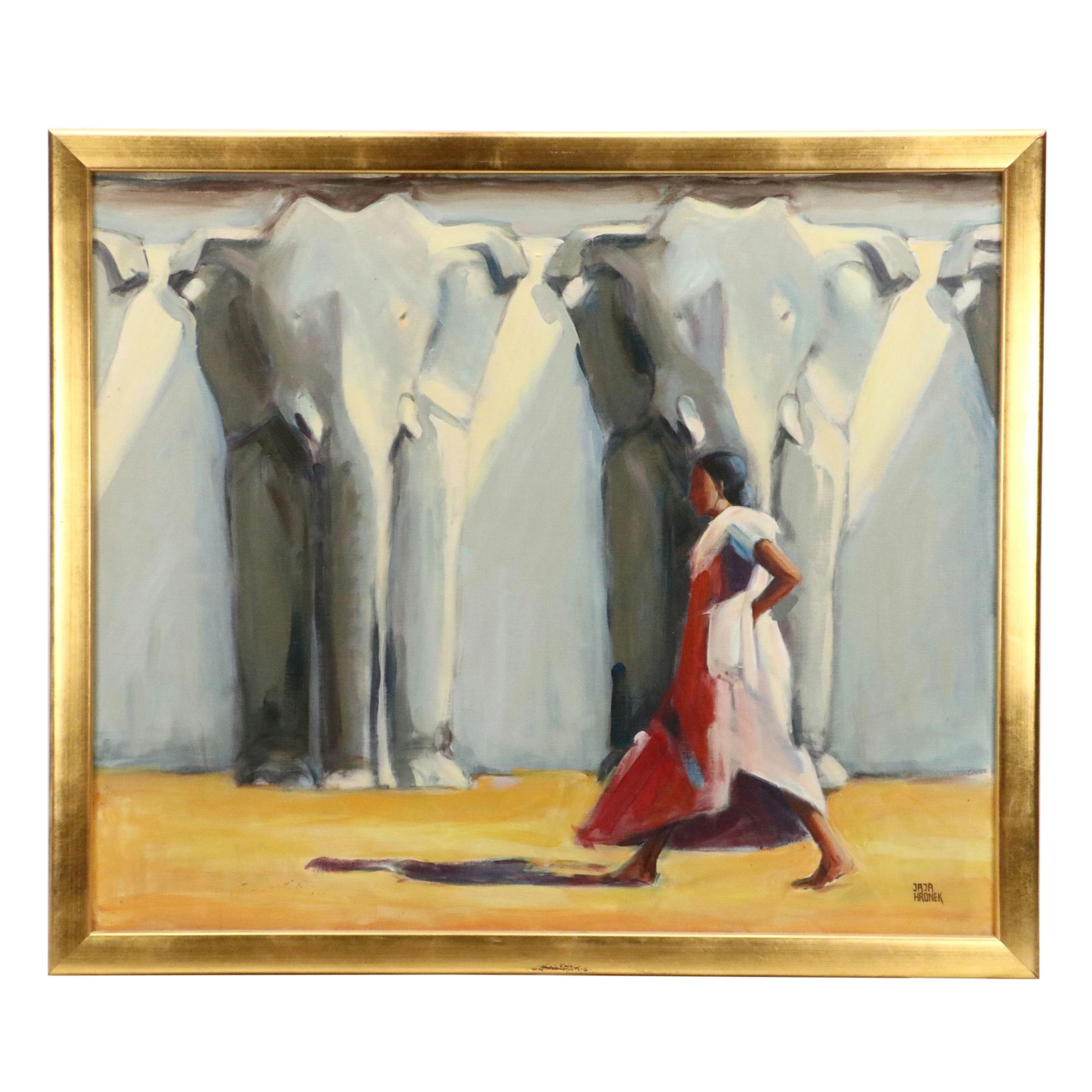 Attributed to Jaja Hronek Kracmar Oil Painting "Elephant Wall in India," 1981