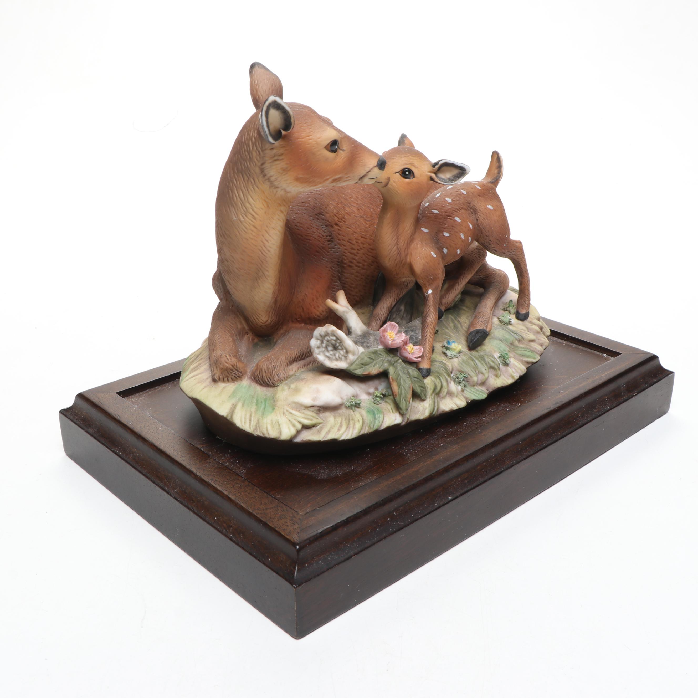 Homco Porcelain Deer and Fawn Figure on Stand