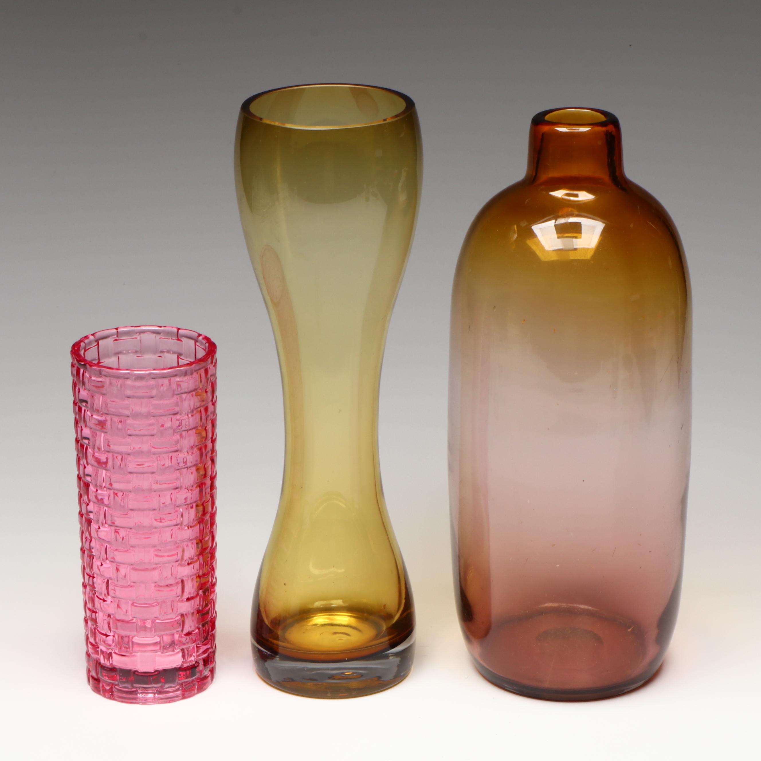 Mid Century Modern Style Pink and Yellow Glass Vases