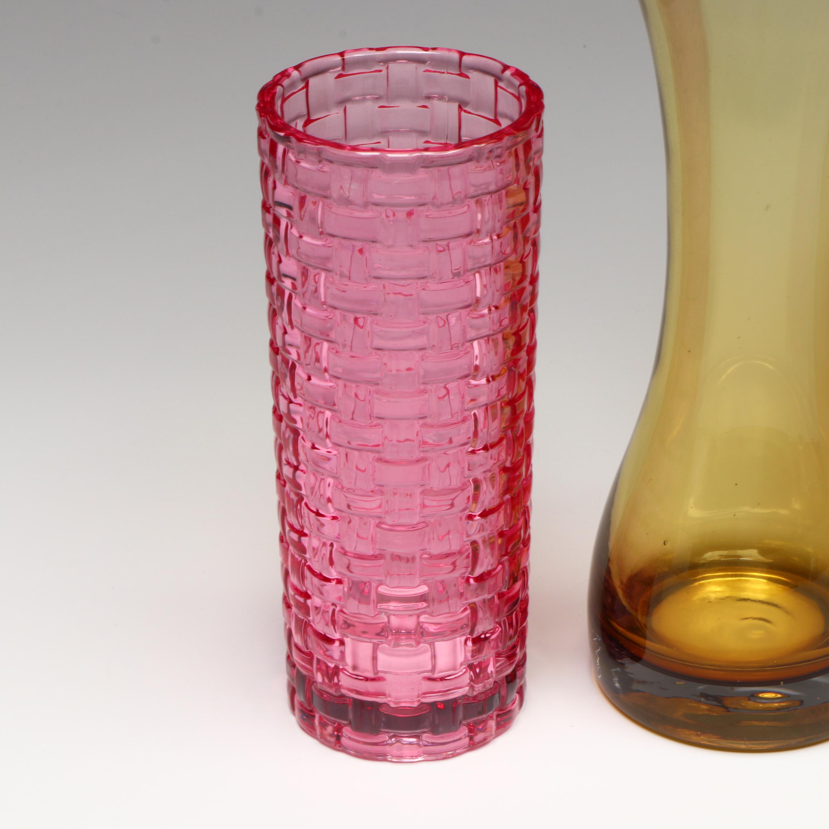 Mid Century Modern Style Pink and Yellow Glass Vases