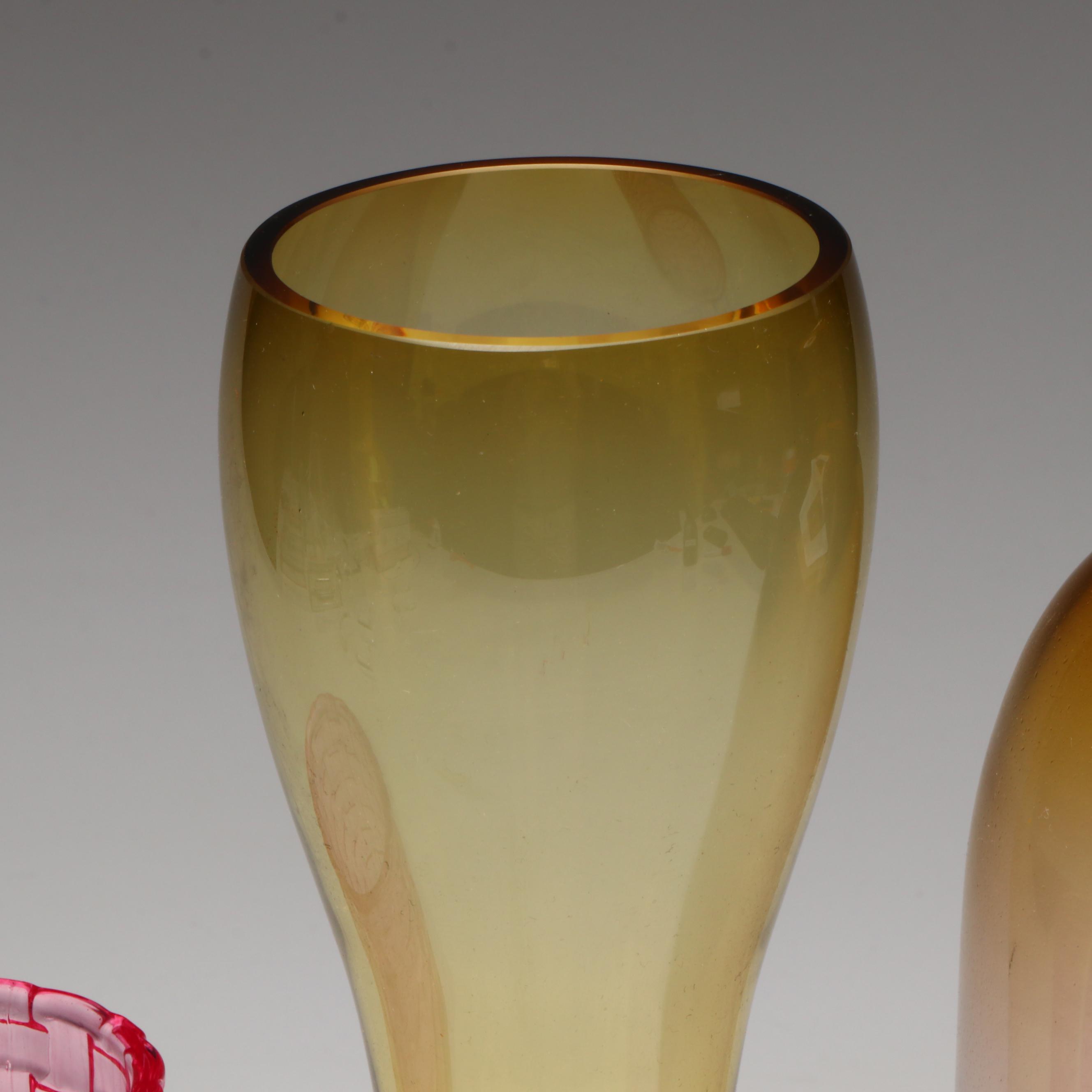 Mid Century Modern Style Pink and Yellow Glass Vases