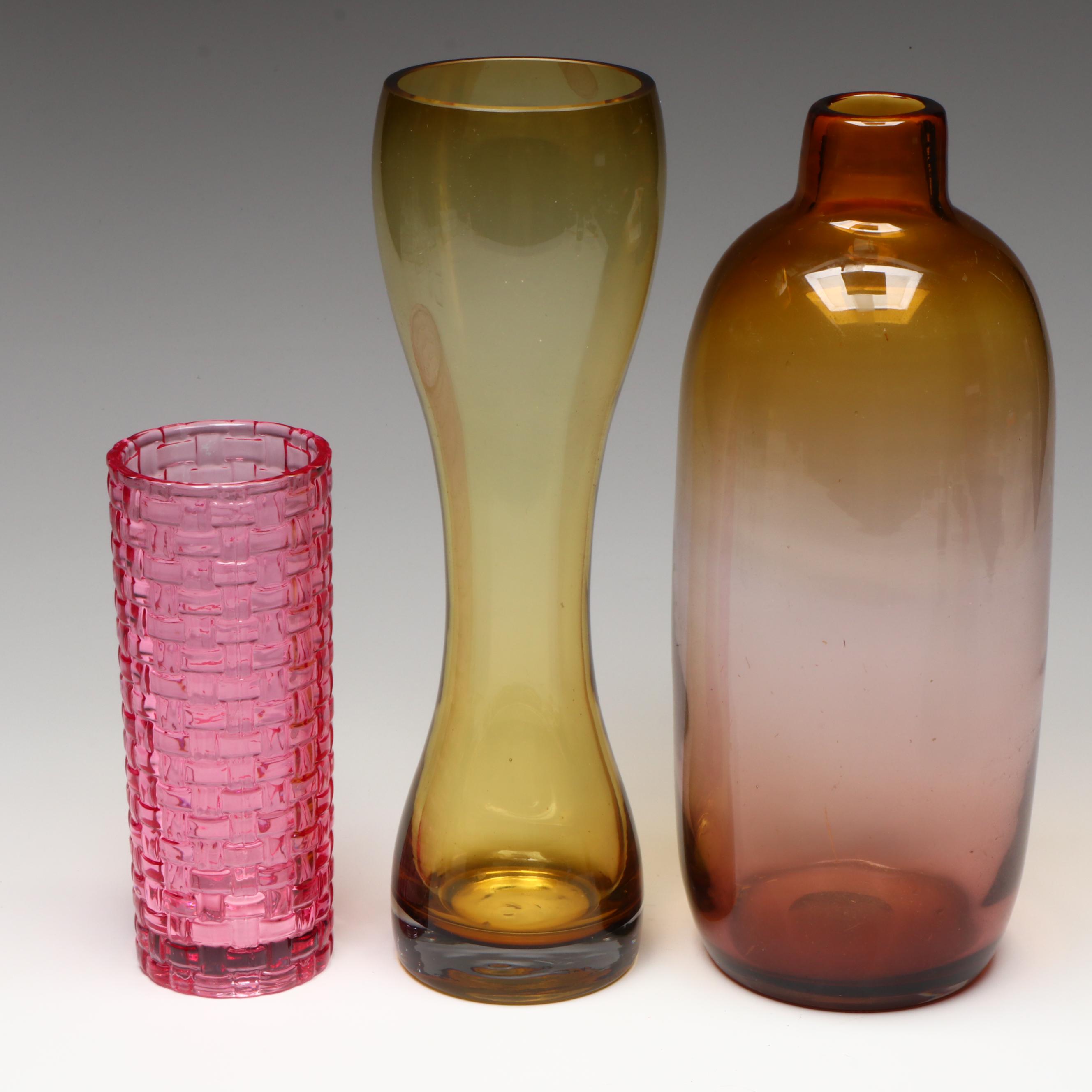 Mid Century Modern Style Pink and Yellow Glass Vases