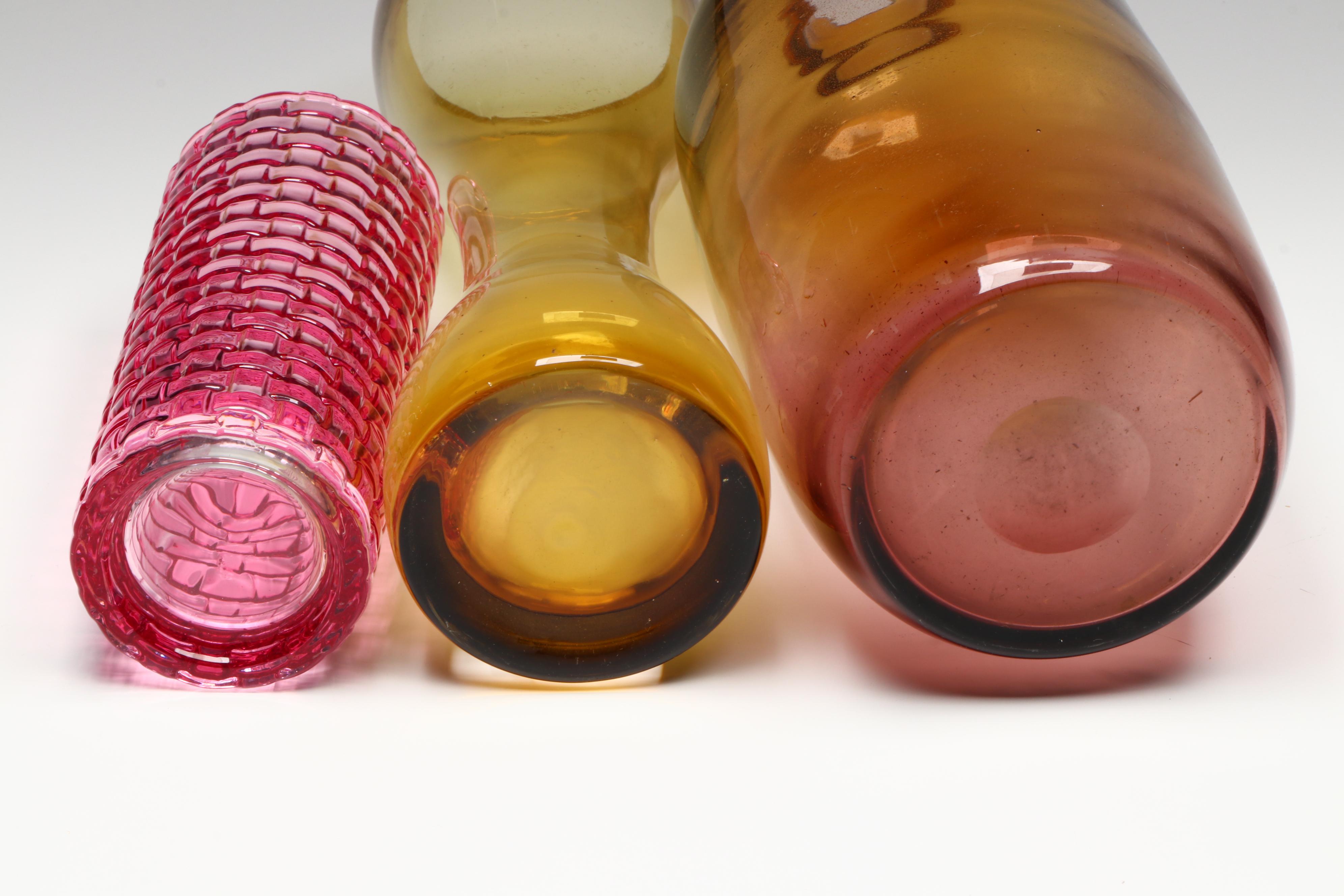 Mid Century Modern Style Pink and Yellow Glass Vases