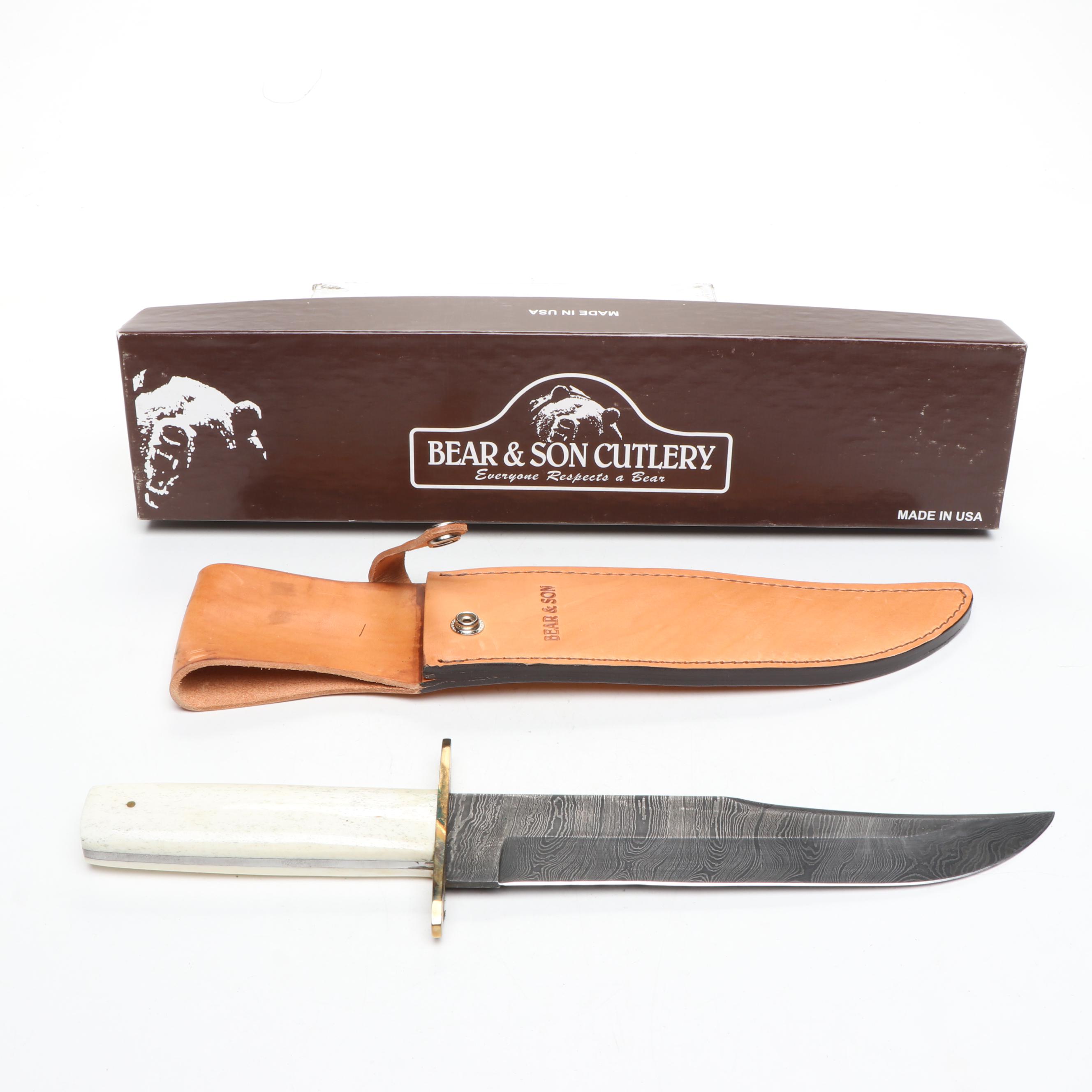 Bear & Son Damascus Steel and Bone Handled Bowie Knife in Leather Scabbard