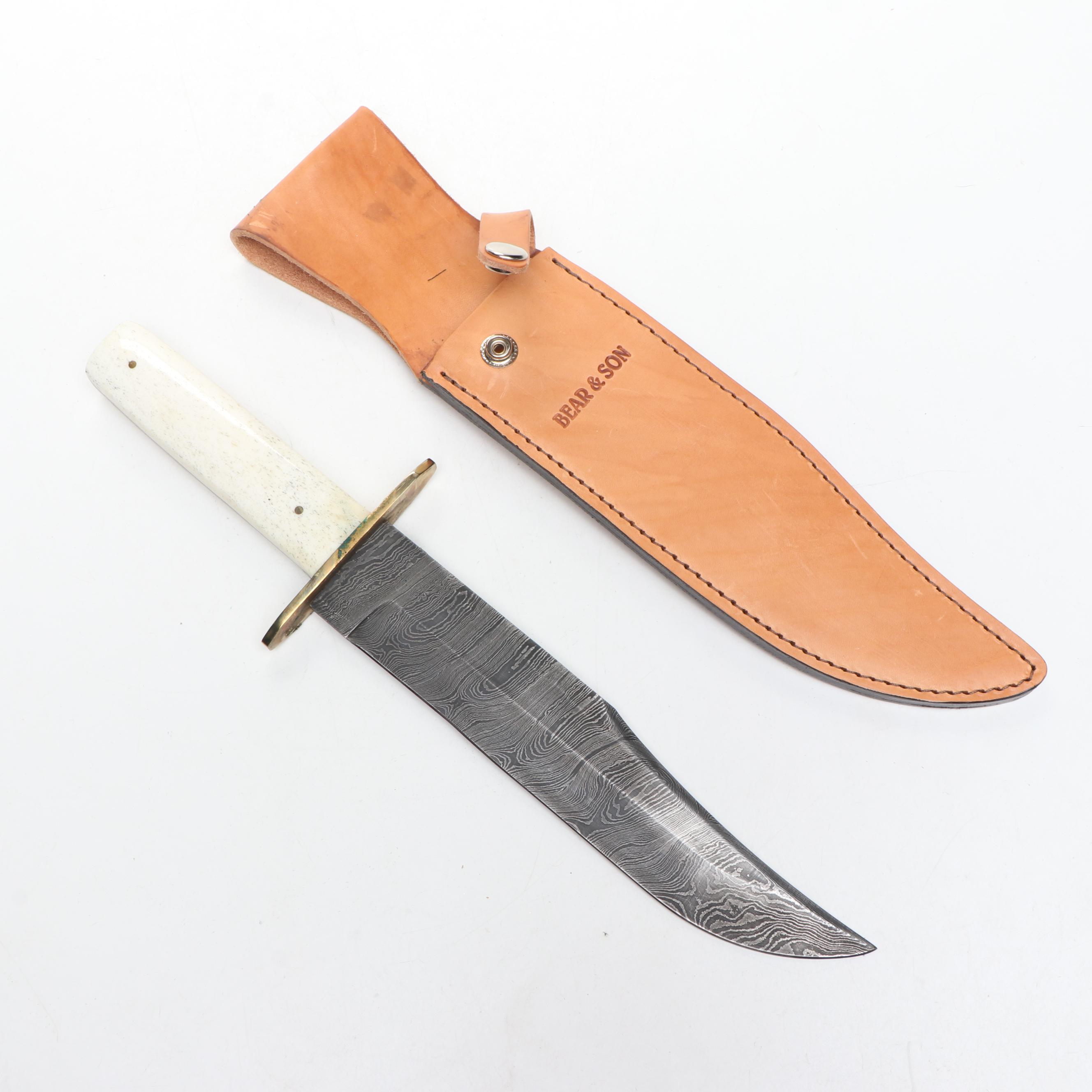 Bear & Son Damascus Steel and Bone Handled Bowie Knife in Leather Scabbard