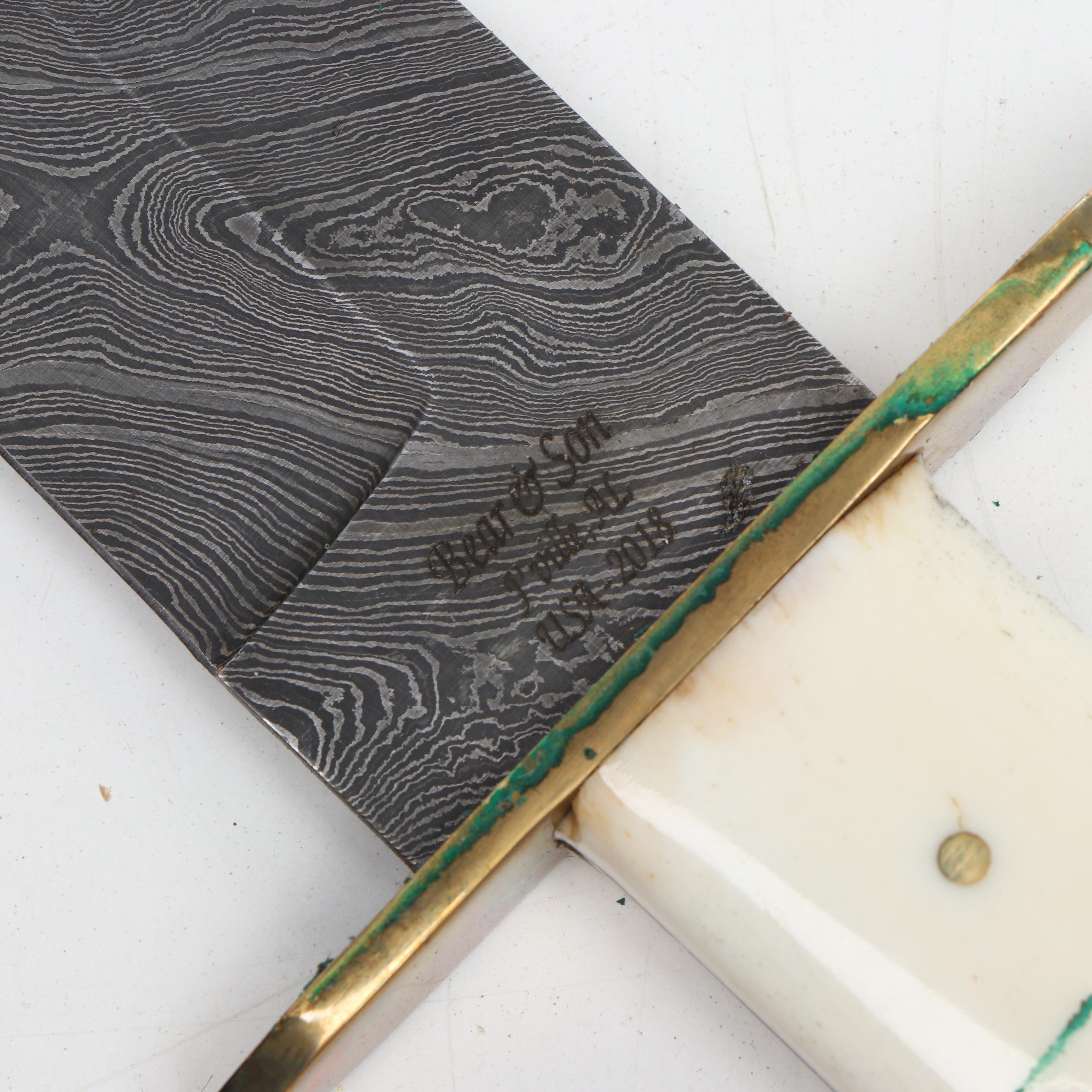 Bear & Son Damascus Steel and Bone Handled Bowie Knife in Leather Scabbard