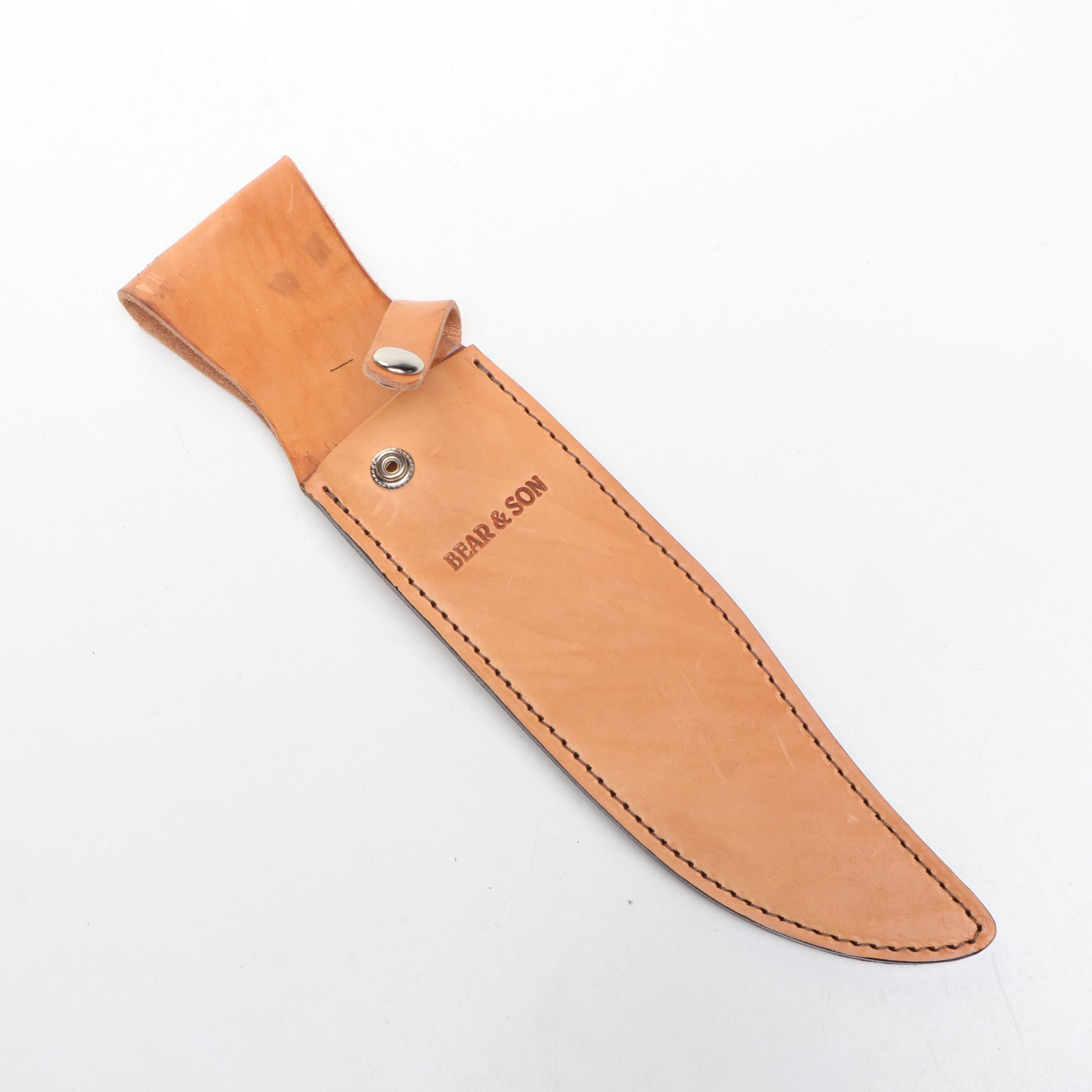 Bear & Son Damascus Steel and Bone Handled Bowie Knife in Leather Scabbard