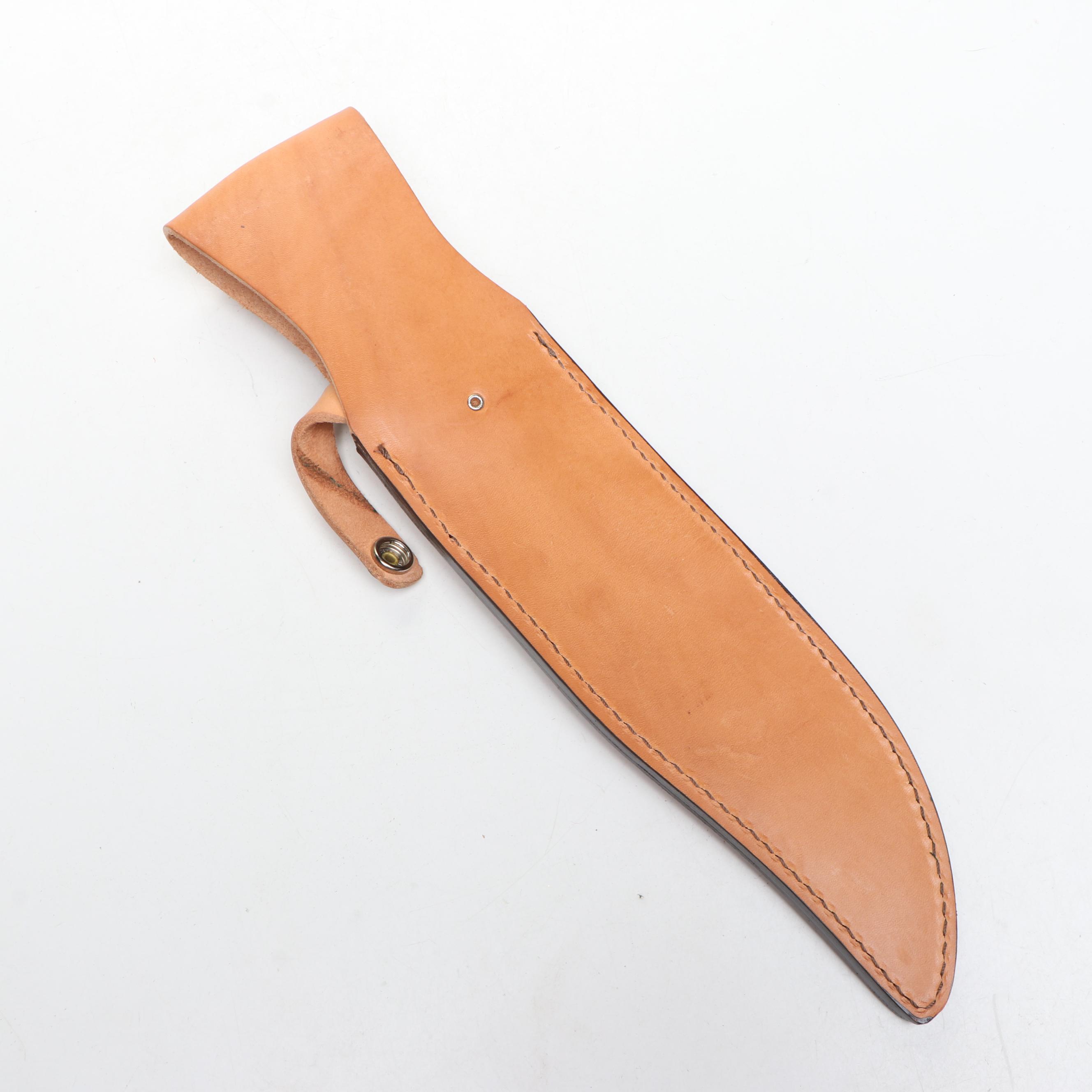 Bear & Son Damascus Steel and Bone Handled Bowie Knife in Leather Scabbard