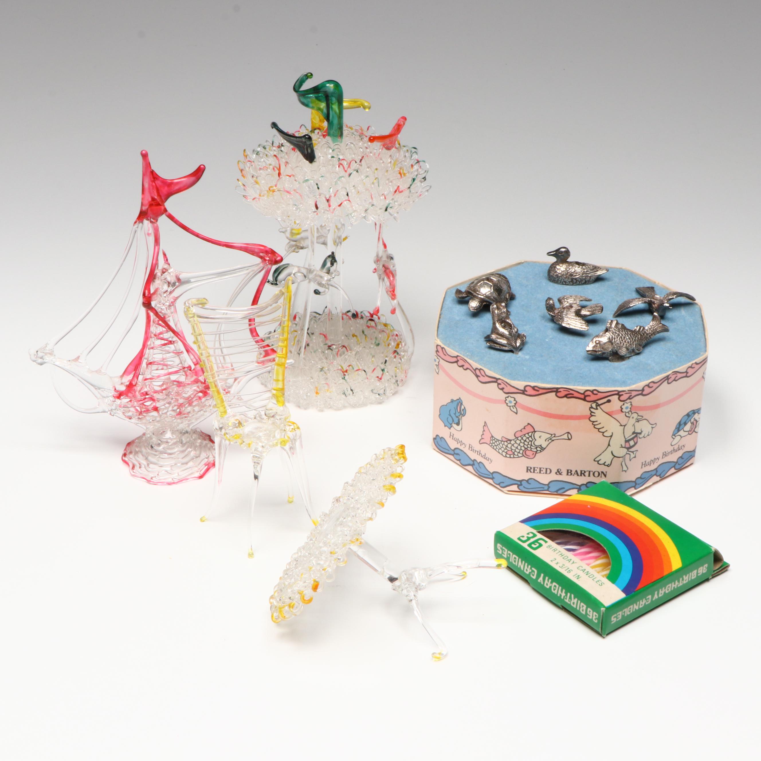Spun Glass Figurines with Reed and Barton Birthday Candle Holders and Candles