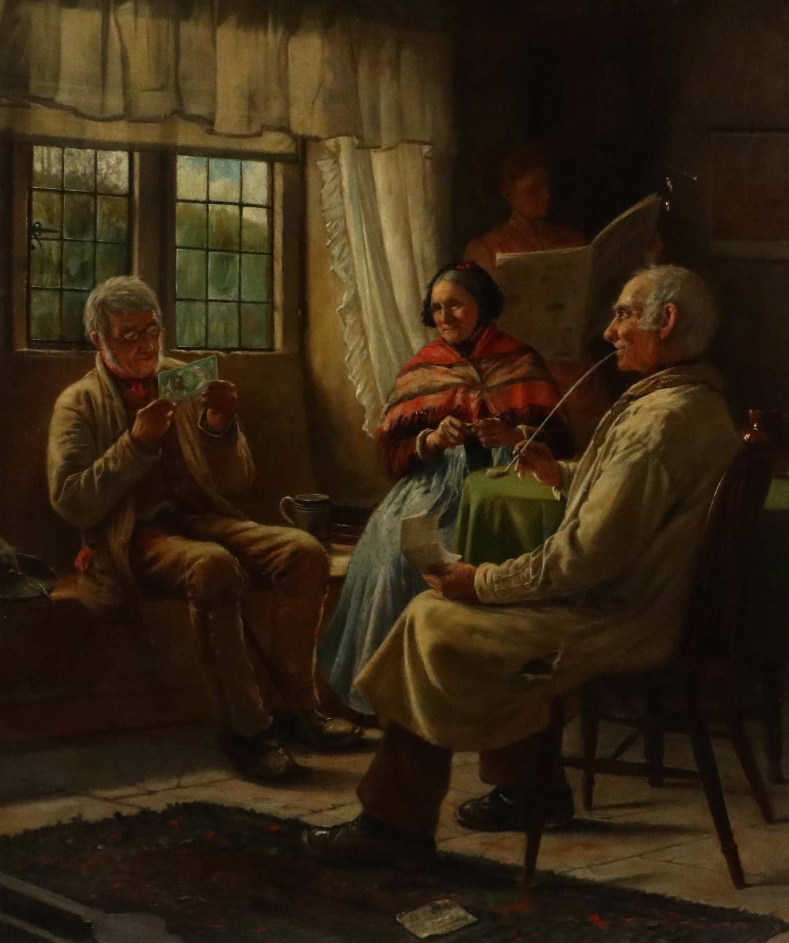 P. Chase Interior Scene Oil Painting "News From Their Son," 1893