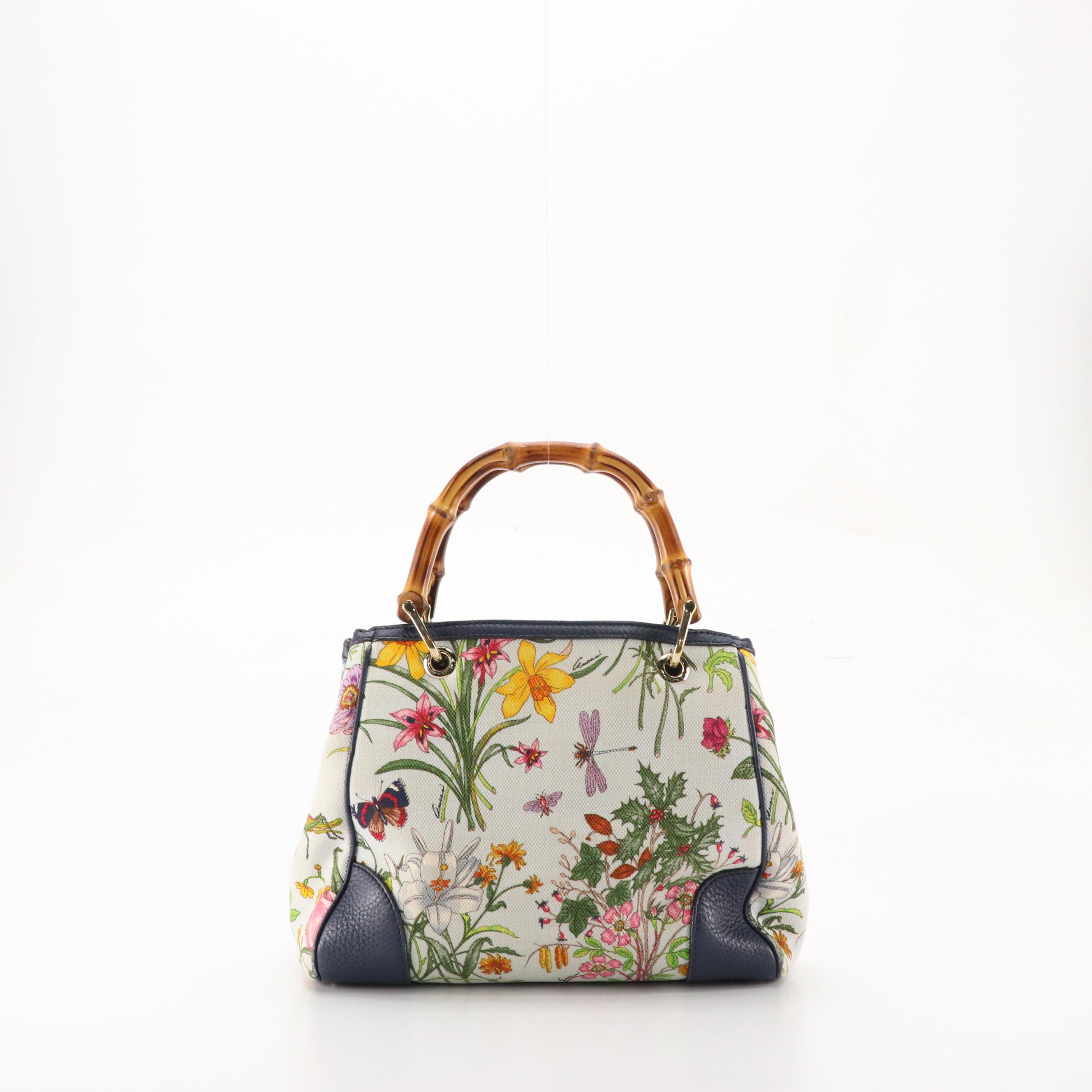 Gucci Bamboo Handle Shopper Tote in Flora Canvas and Deep Blue Calfskin Leather