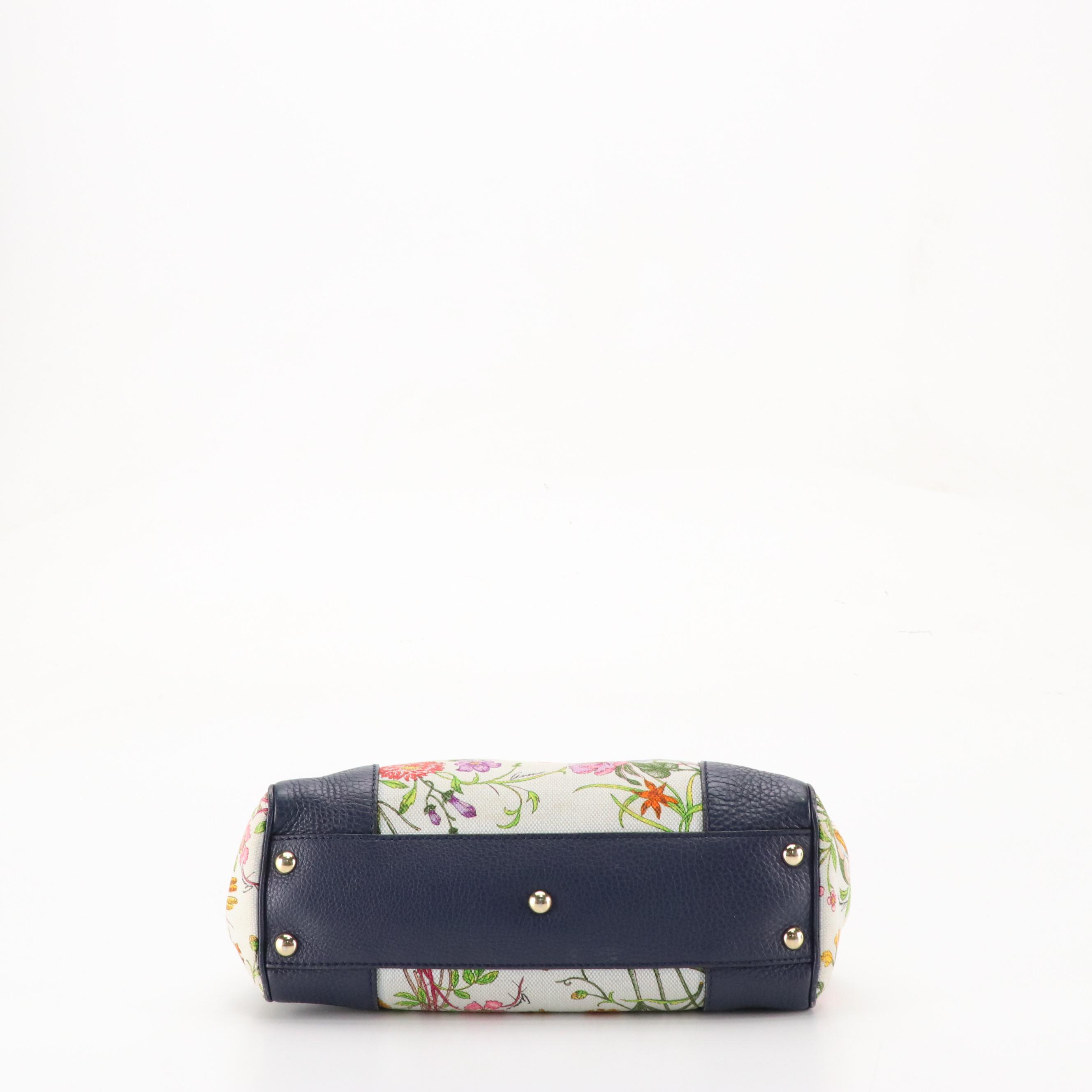 Gucci Bamboo Handle Shopper Tote in Flora Canvas and Deep Blue Calfskin Leather