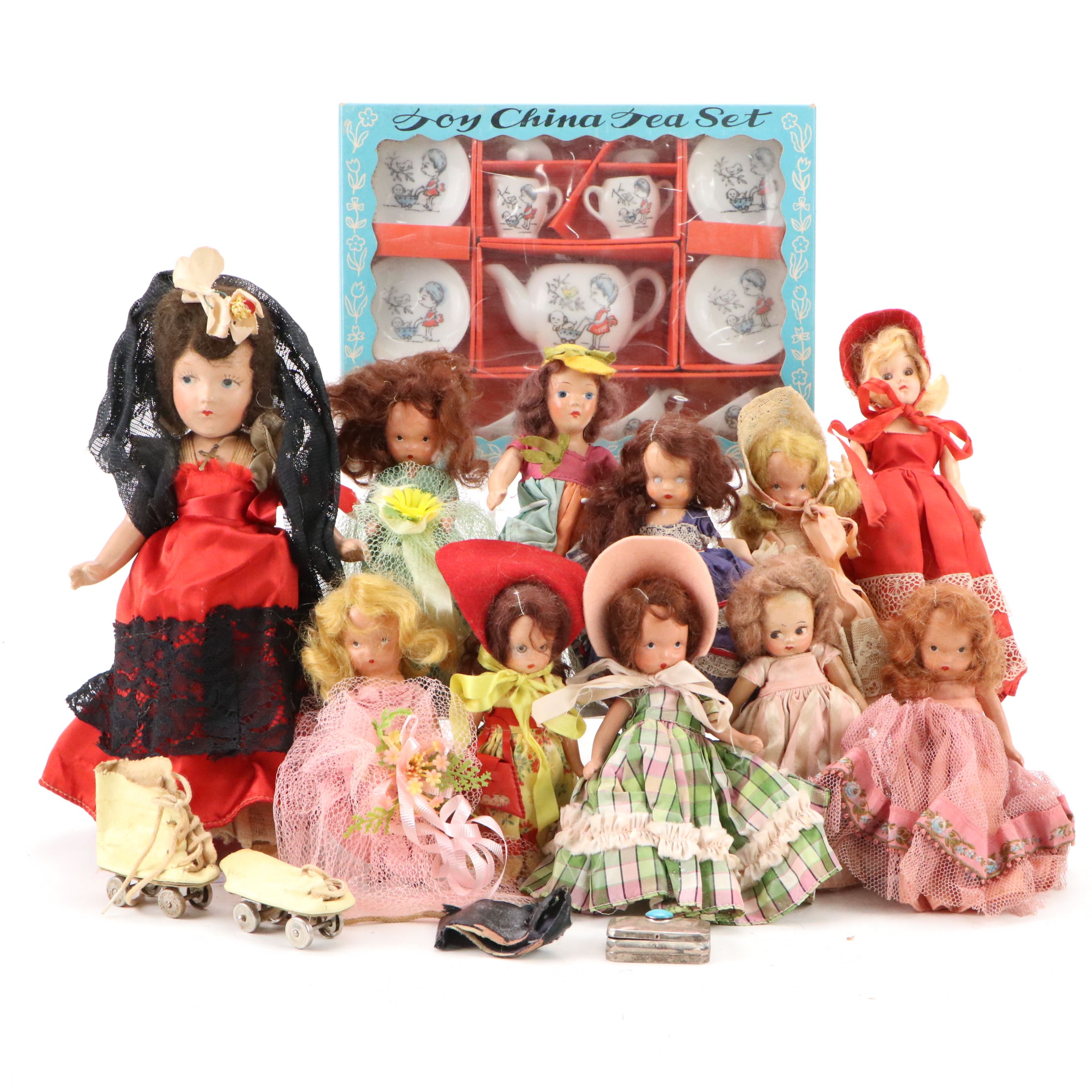Collection of Mid-Century Vintage Dolls with Children's Ceramic Novelty Tea Set