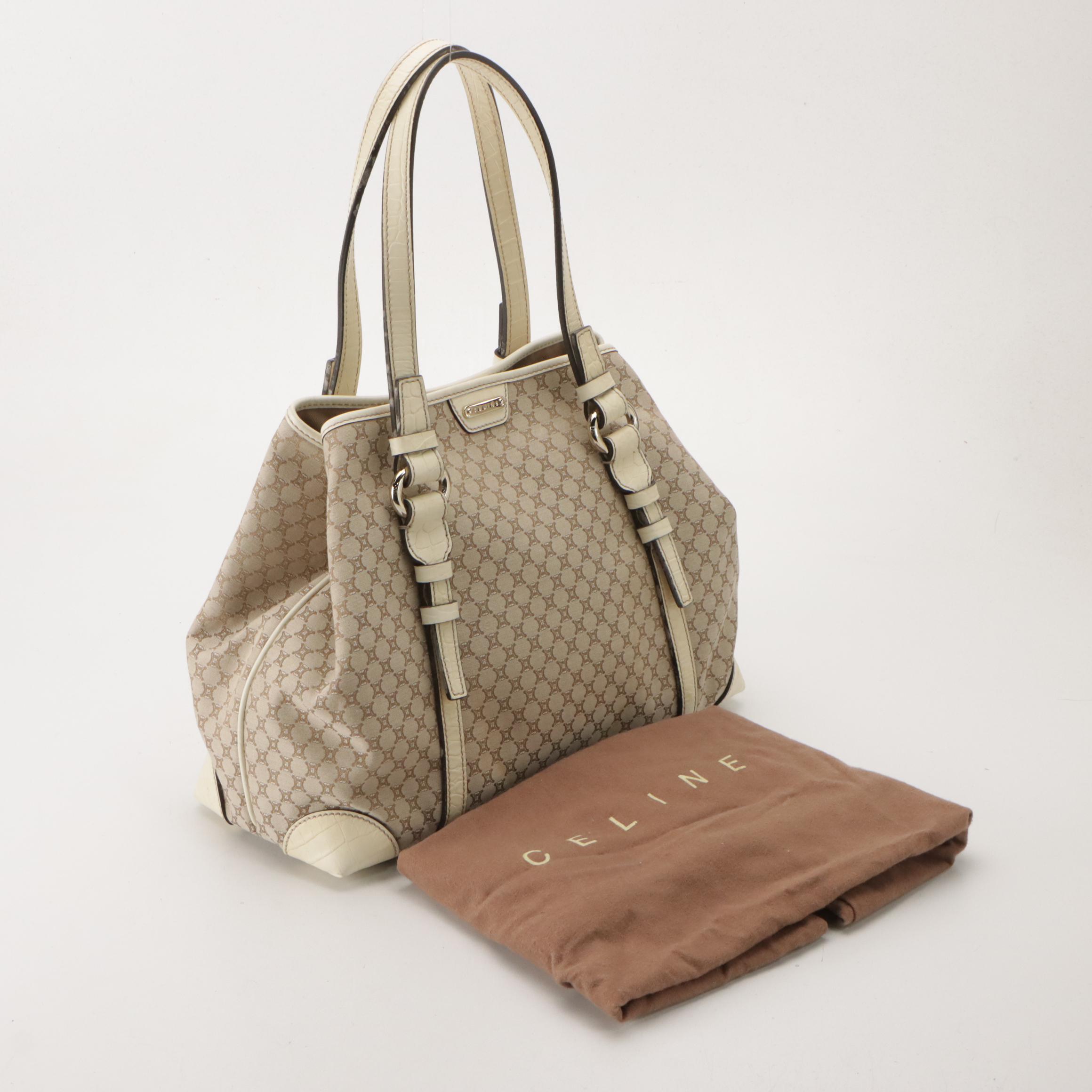 Celine Beige Triomphe Canvas Tote Bag with Ivory Croc Embossed Leather Trim