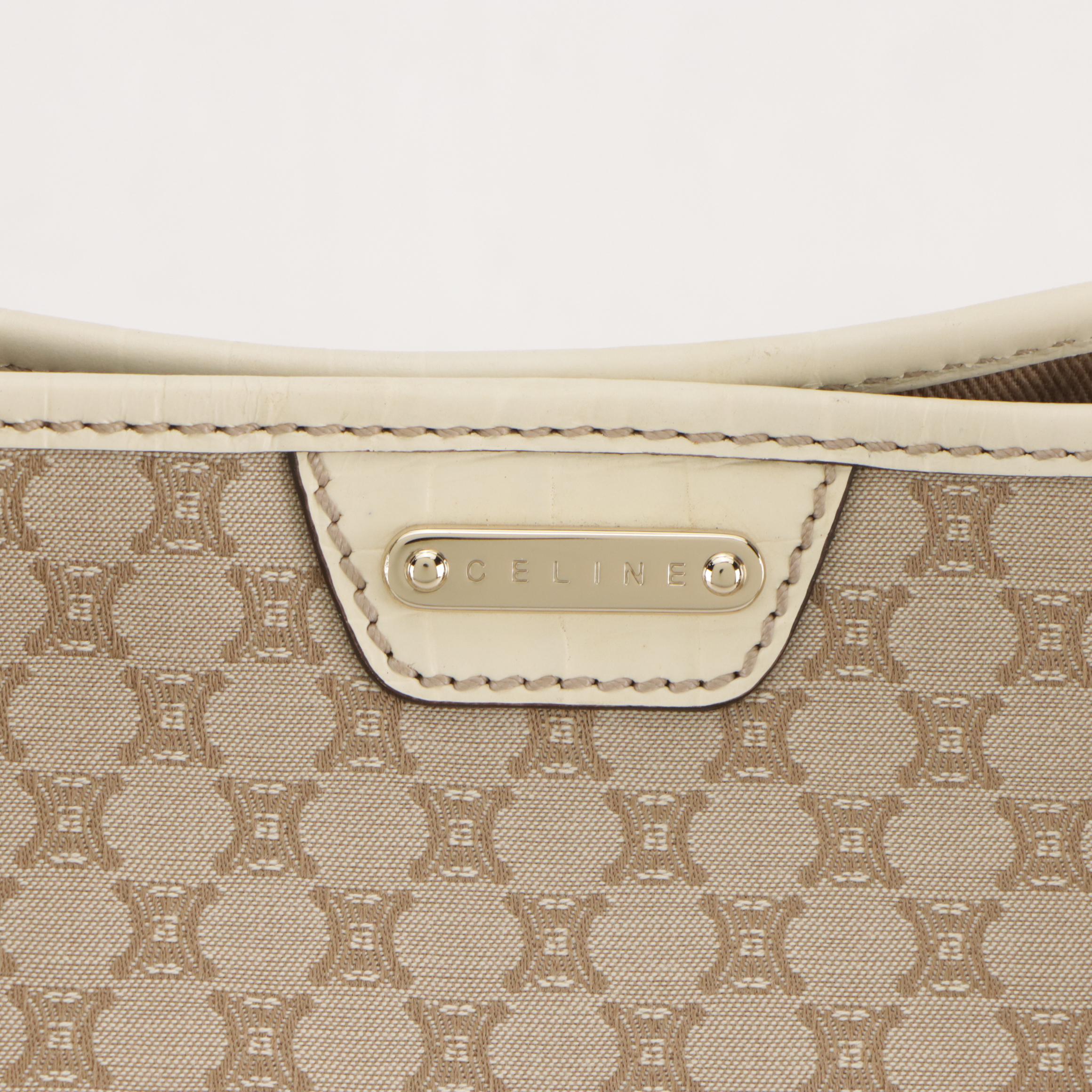 Celine Beige Triomphe Canvas Tote Bag with Ivory Croc Embossed Leather Trim