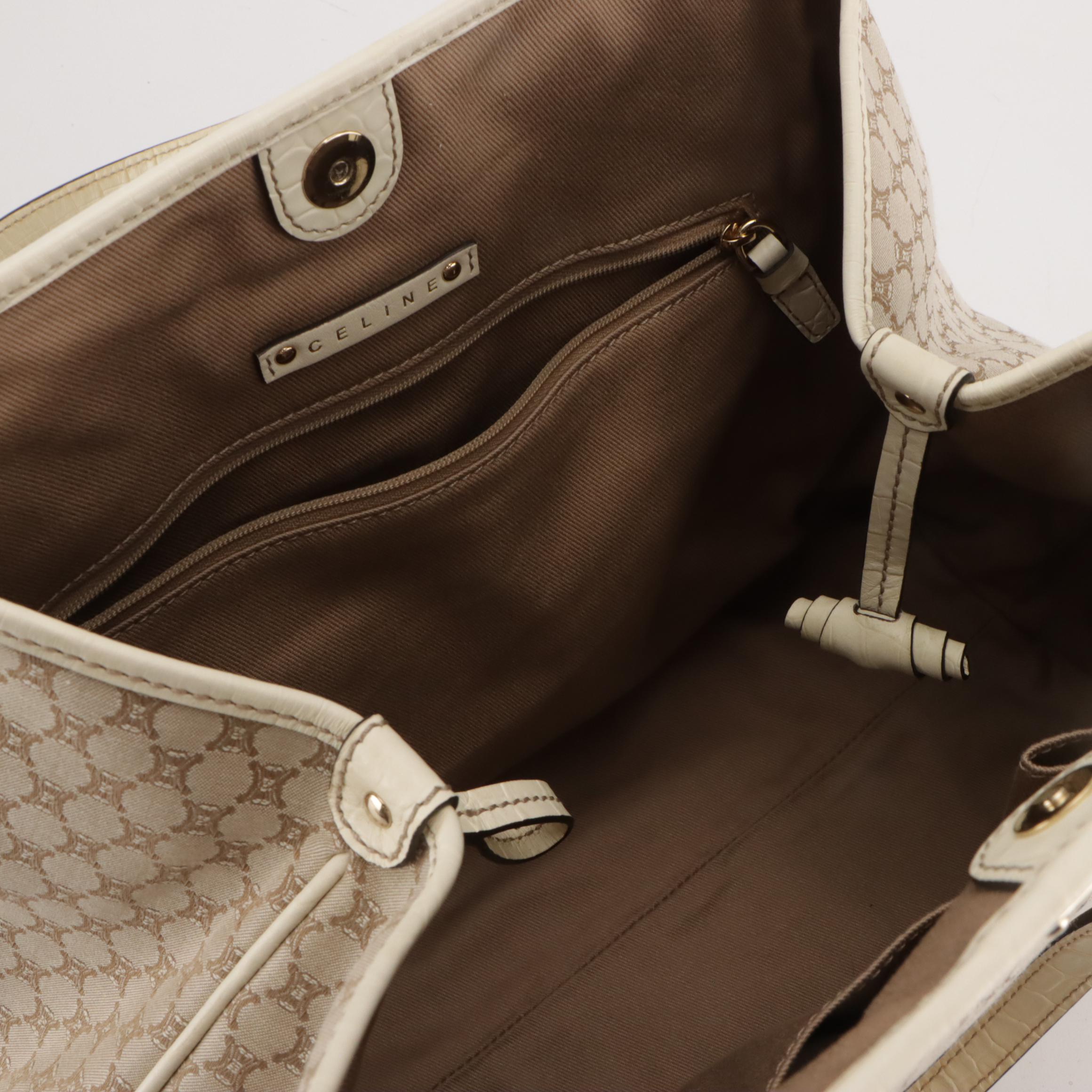 Celine Beige Triomphe Canvas Tote Bag with Ivory Croc Embossed Leather Trim