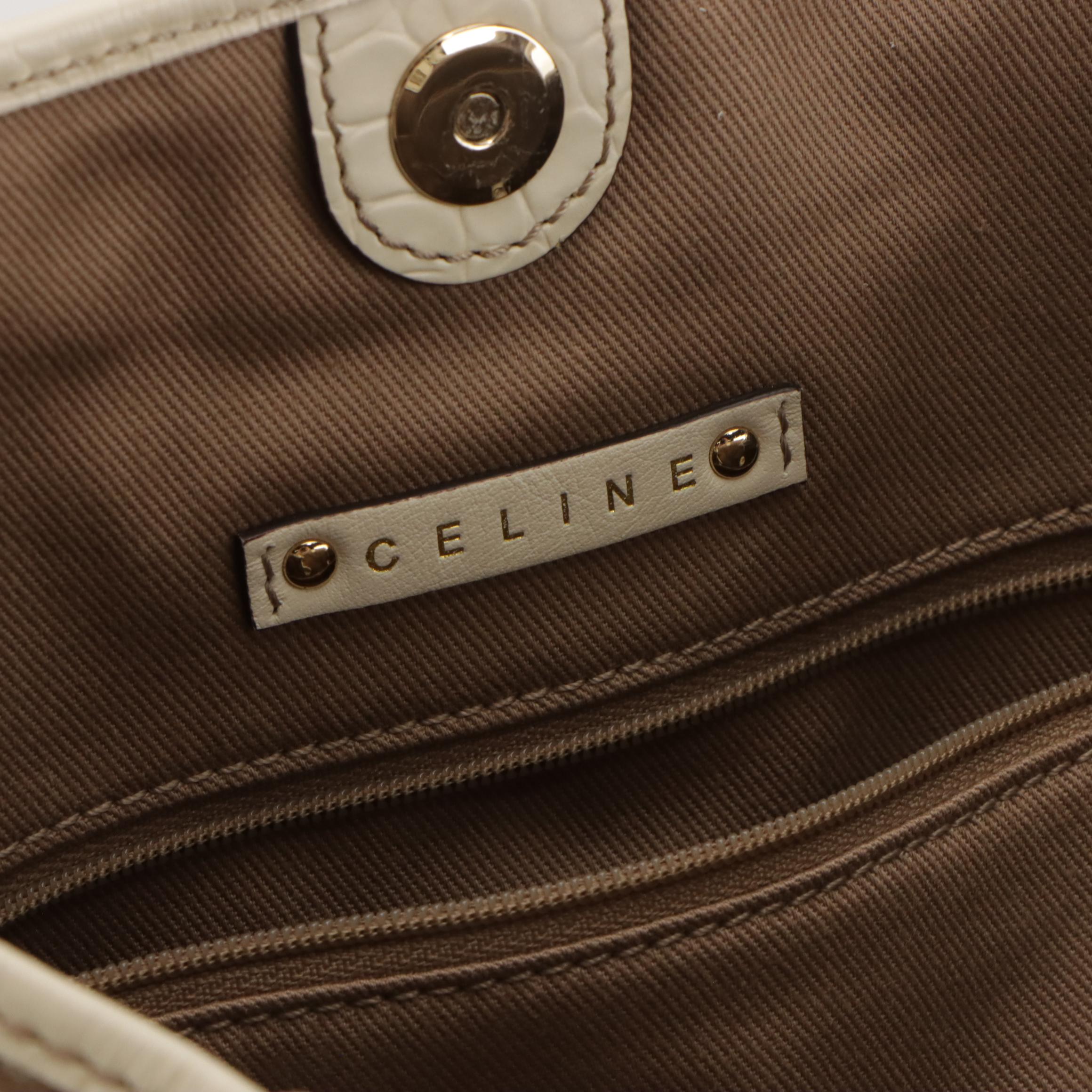 Celine Beige Triomphe Canvas Tote Bag with Ivory Croc Embossed Leather Trim