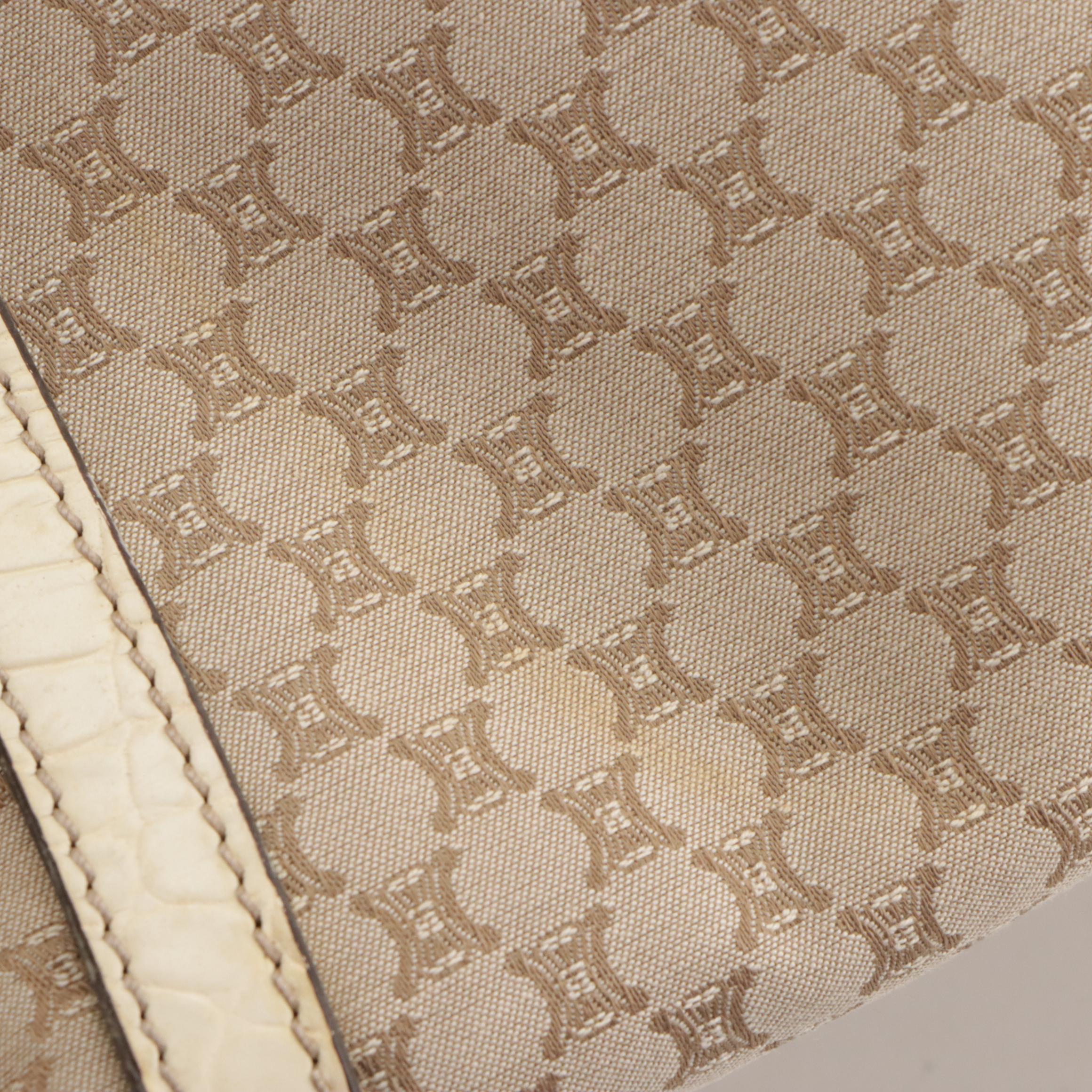 Celine Beige Triomphe Canvas Tote Bag with Ivory Croc Embossed Leather Trim