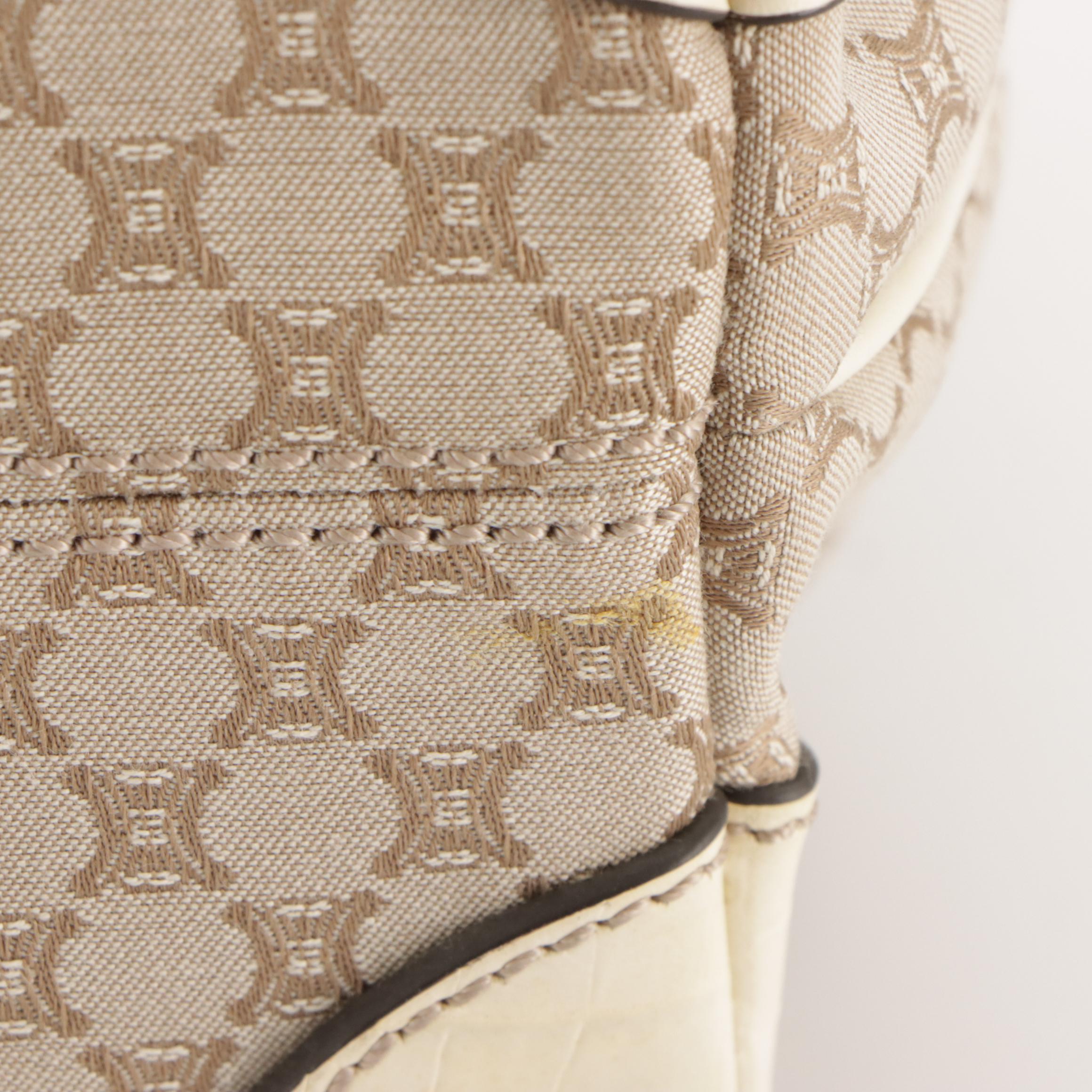 Celine Beige Triomphe Canvas Tote Bag with Ivory Croc Embossed Leather Trim