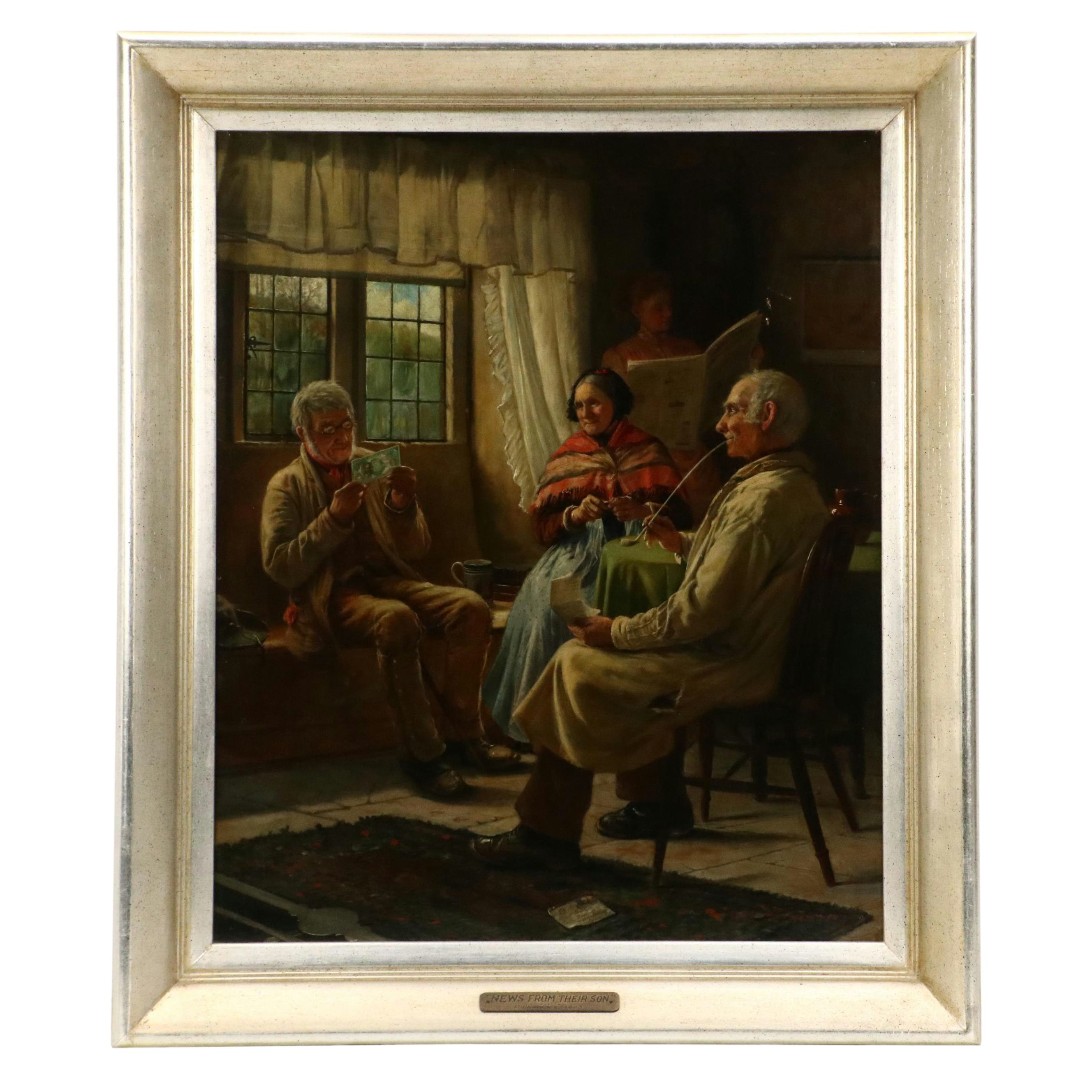 P. Chase Interior Scene Oil Painting "News From Their Son," 1893