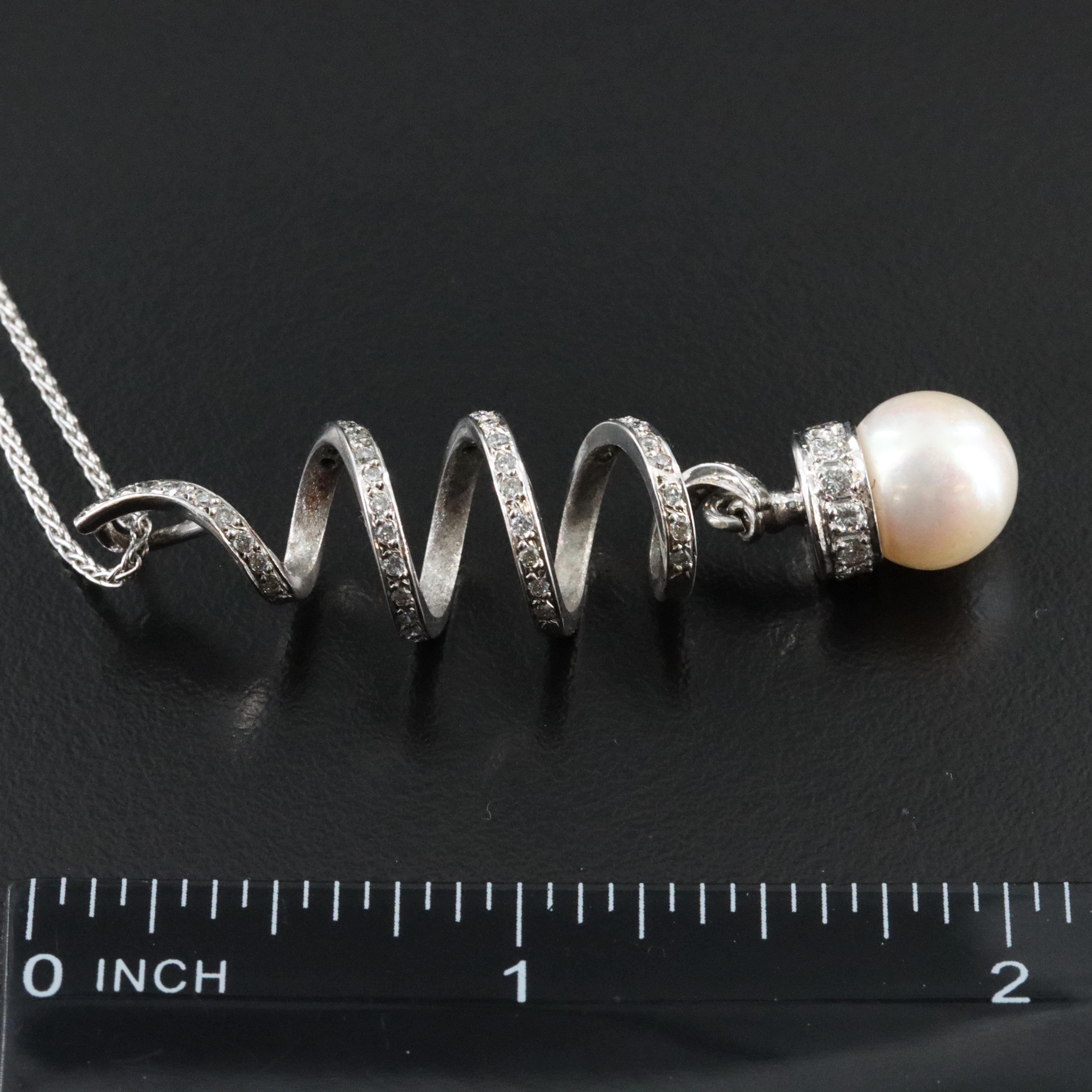14K Pearl and Diamond Swirl Pendant Necklace