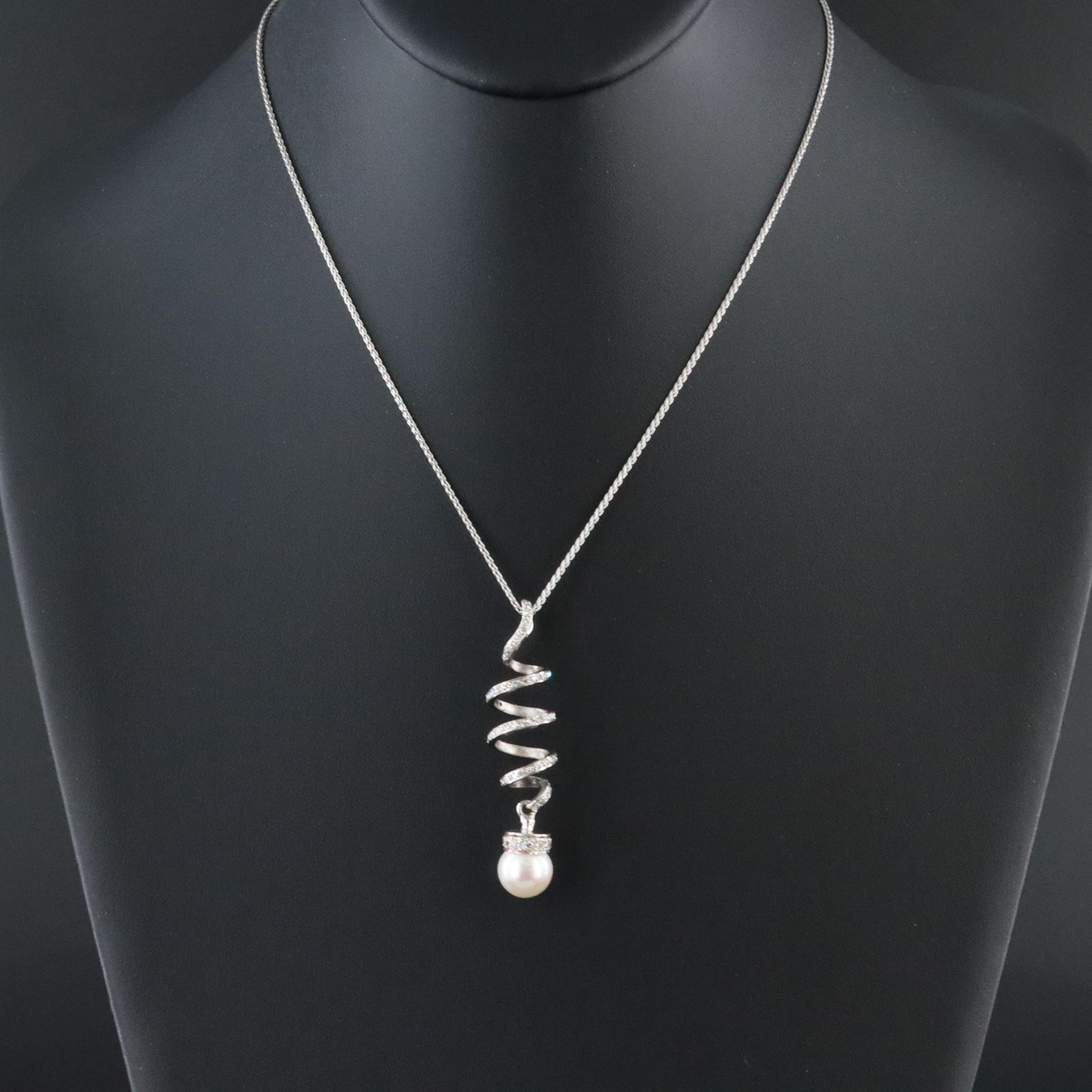 14K Pearl and Diamond Swirl Pendant Necklace
