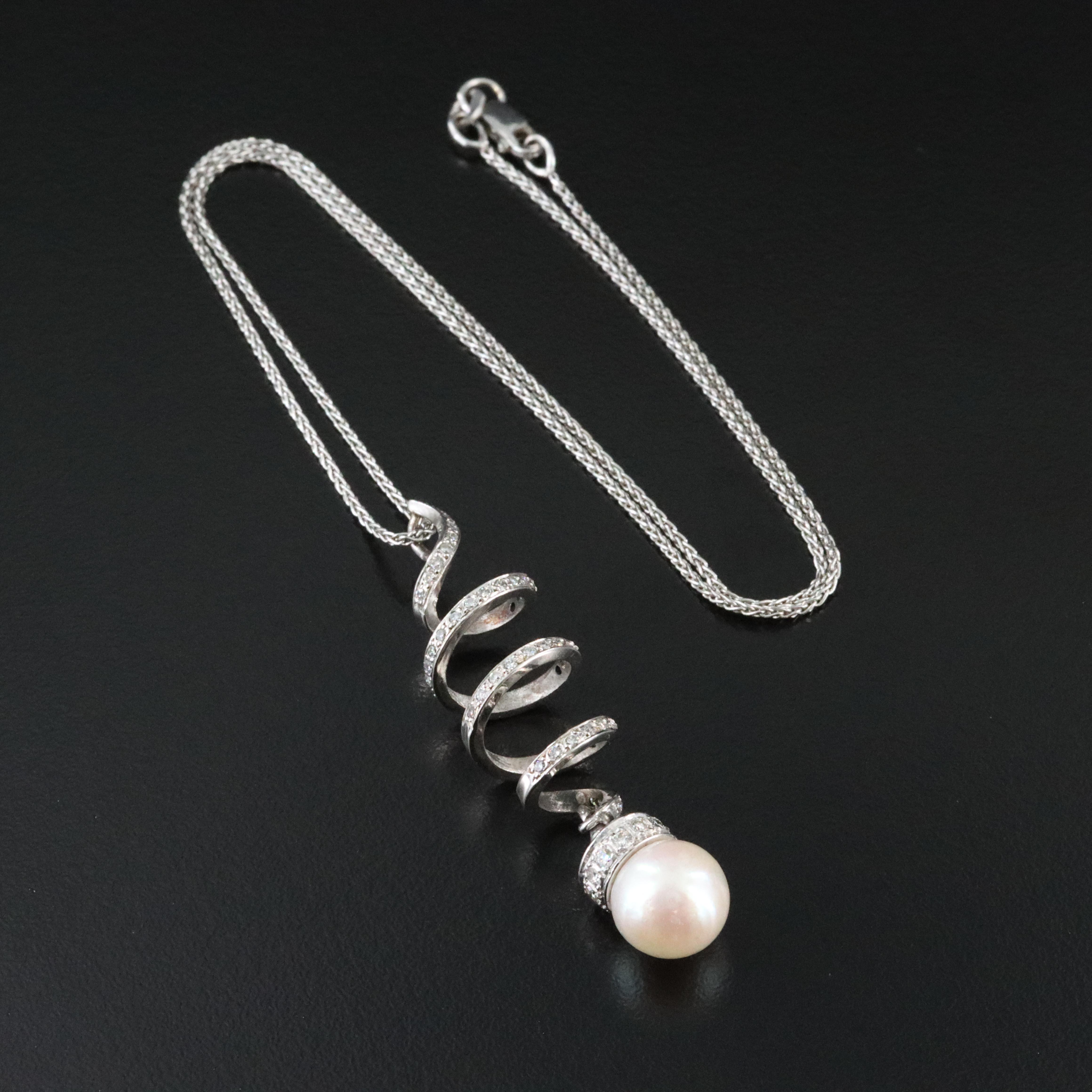 14K Pearl and Diamond Swirl Pendant Necklace