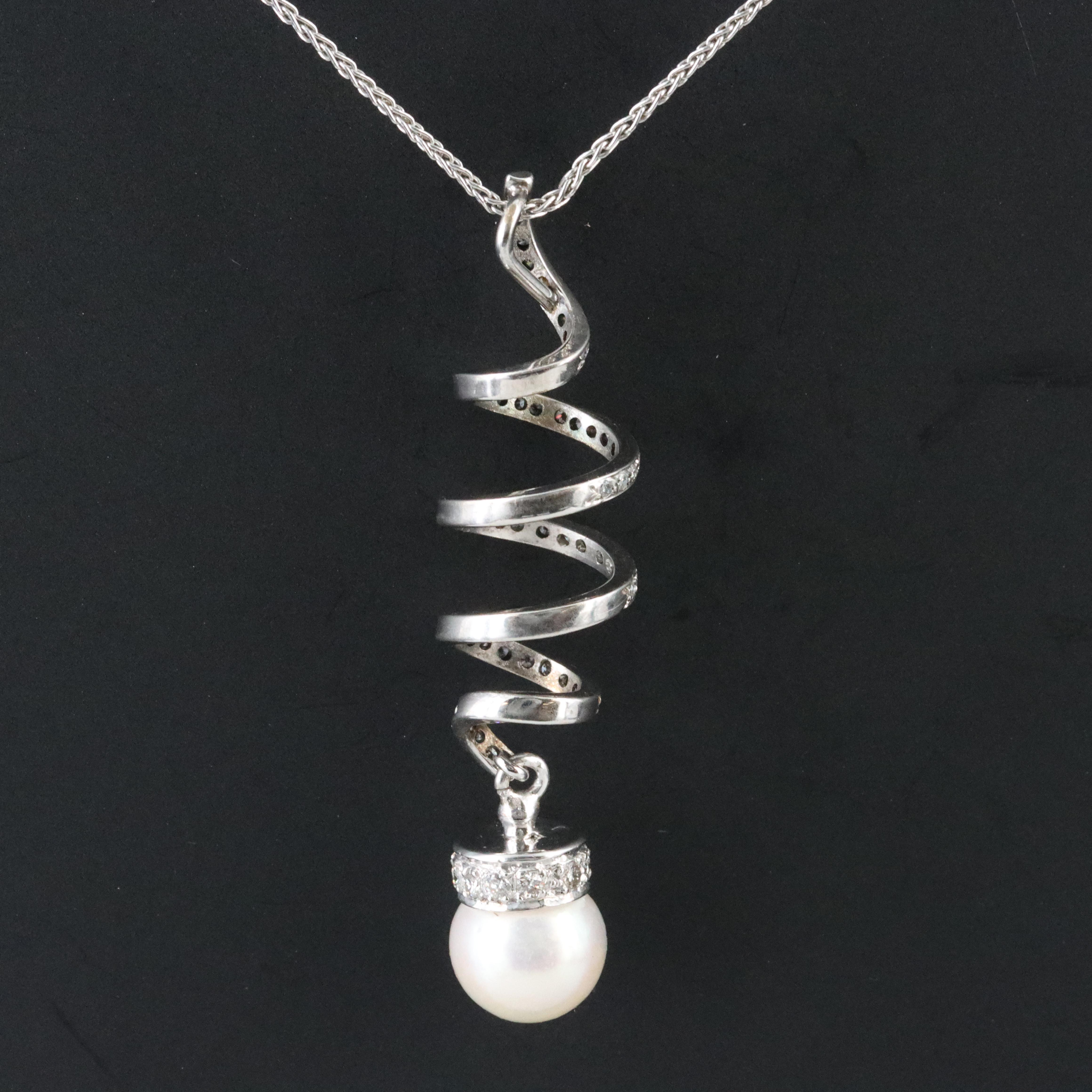14K Pearl and Diamond Swirl Pendant Necklace