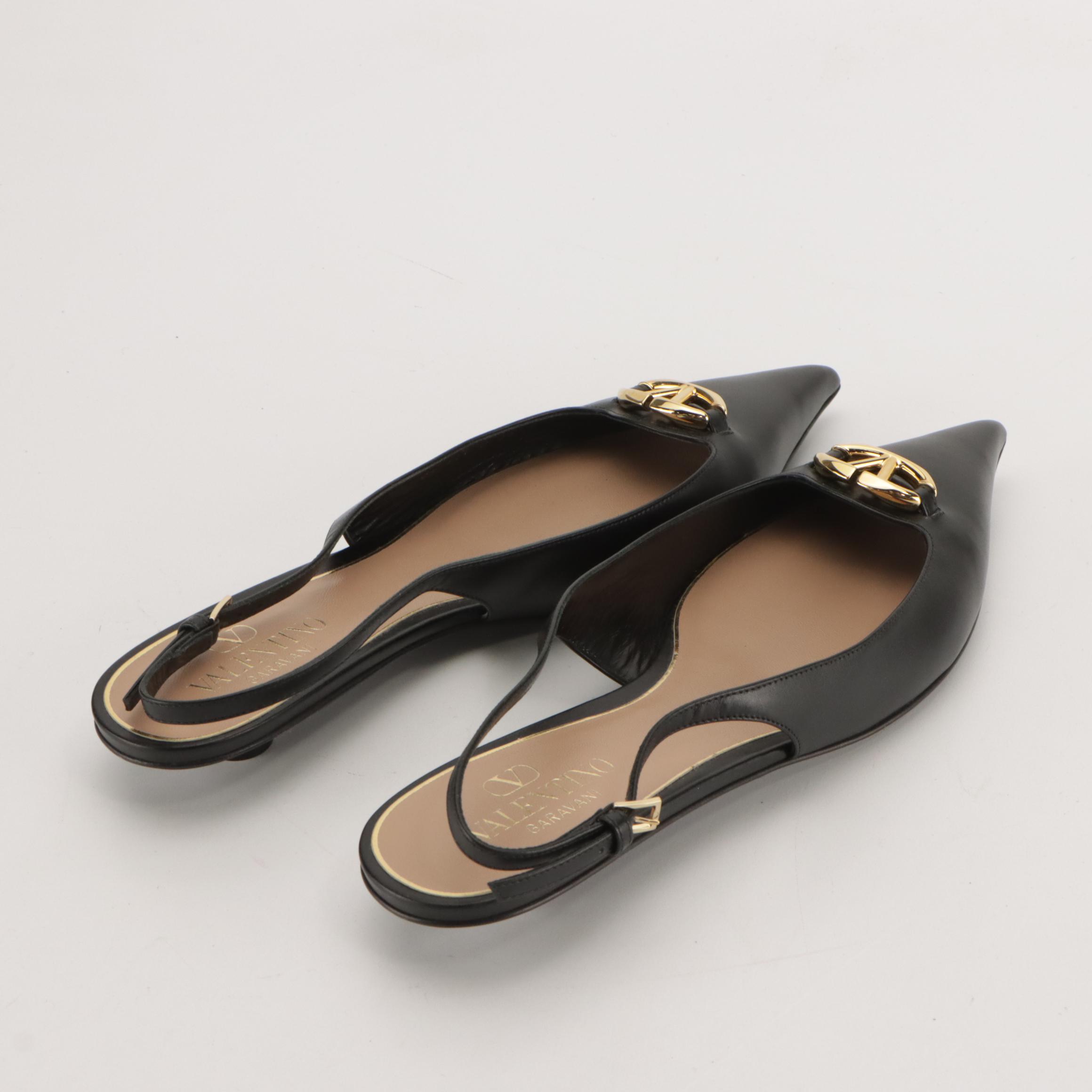 Valentino Garavani VLogo Pointed-Toe Slingback Flats in Black Calfskin Leather