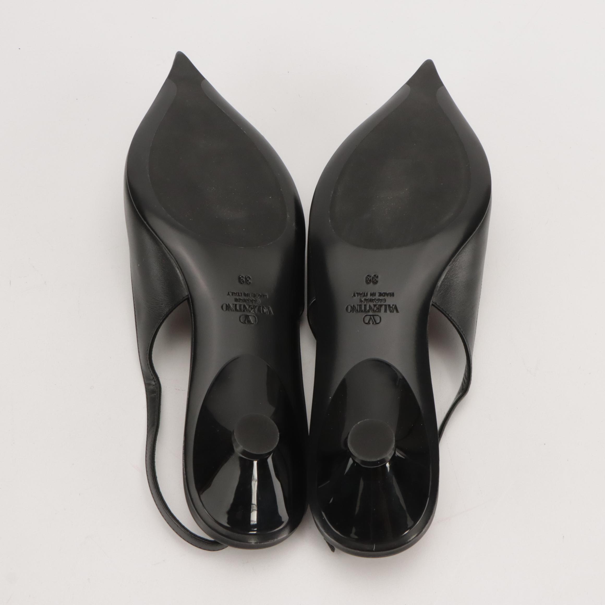 Valentino Garavani VLogo Pointed-Toe Slingback Flats in Black Calfskin Leather