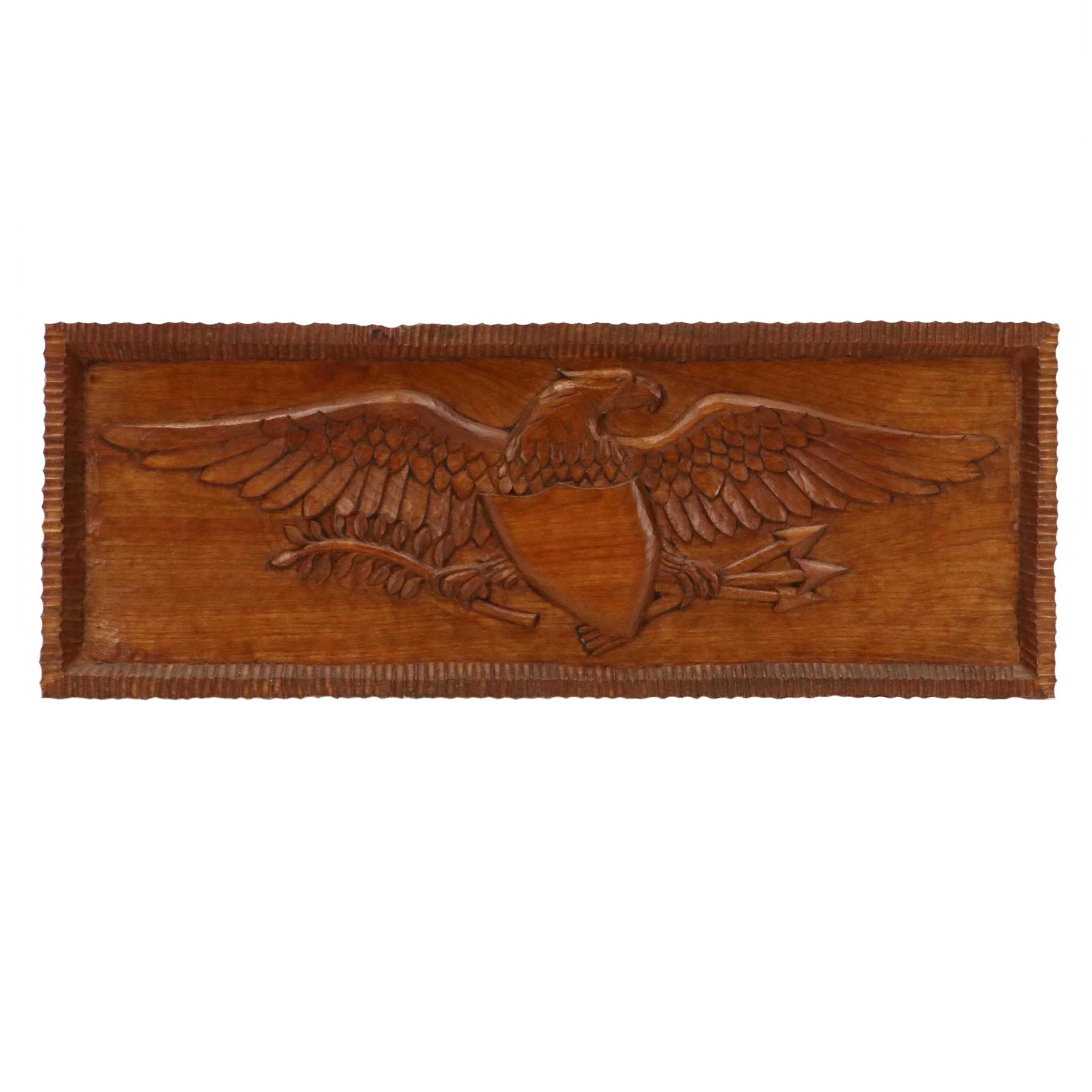 Joe Morrell Folk Art Carved Maple Panel Depicting Federal Eagle, 1980