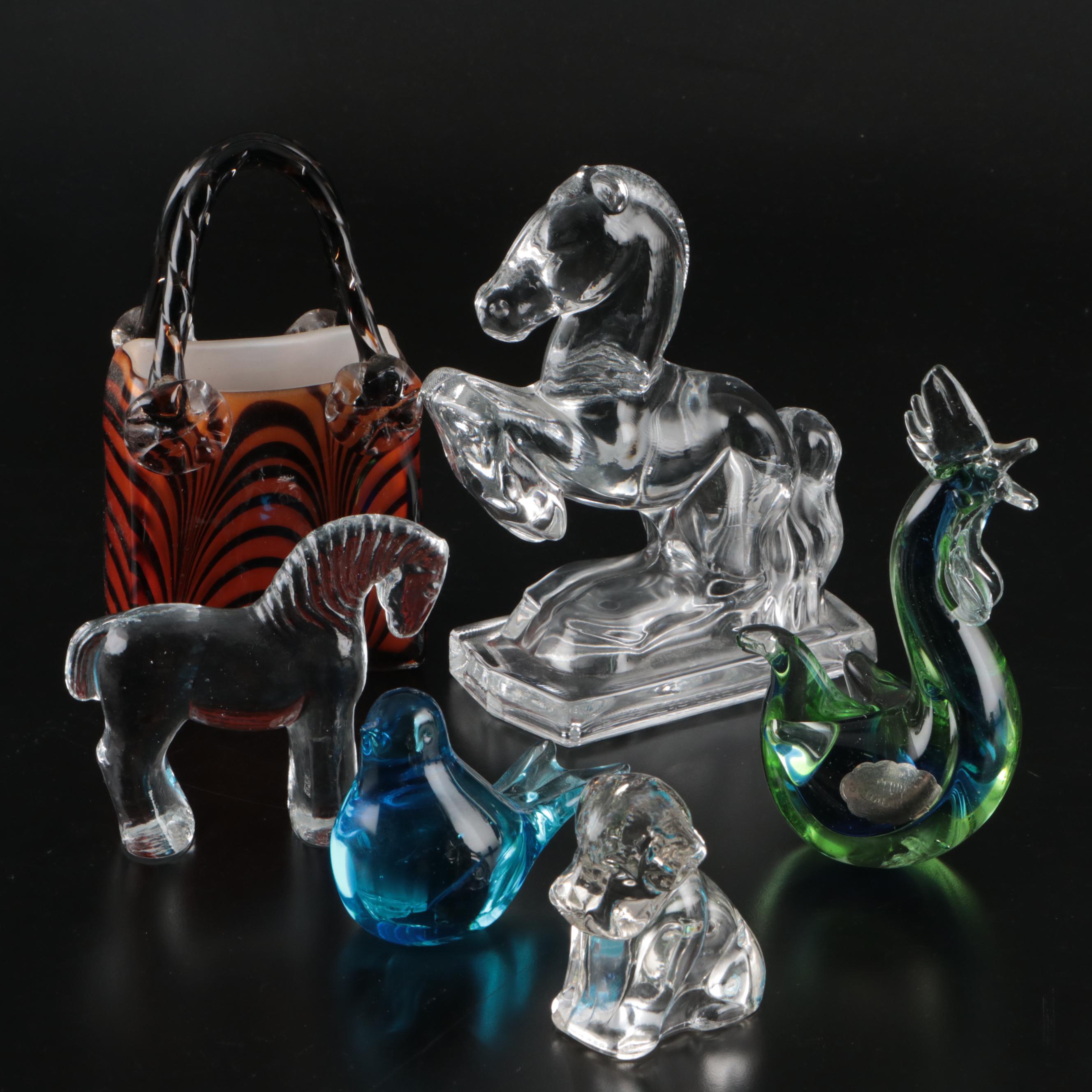 Murano Glass Rooster and Bird with More Art Glass Figurines