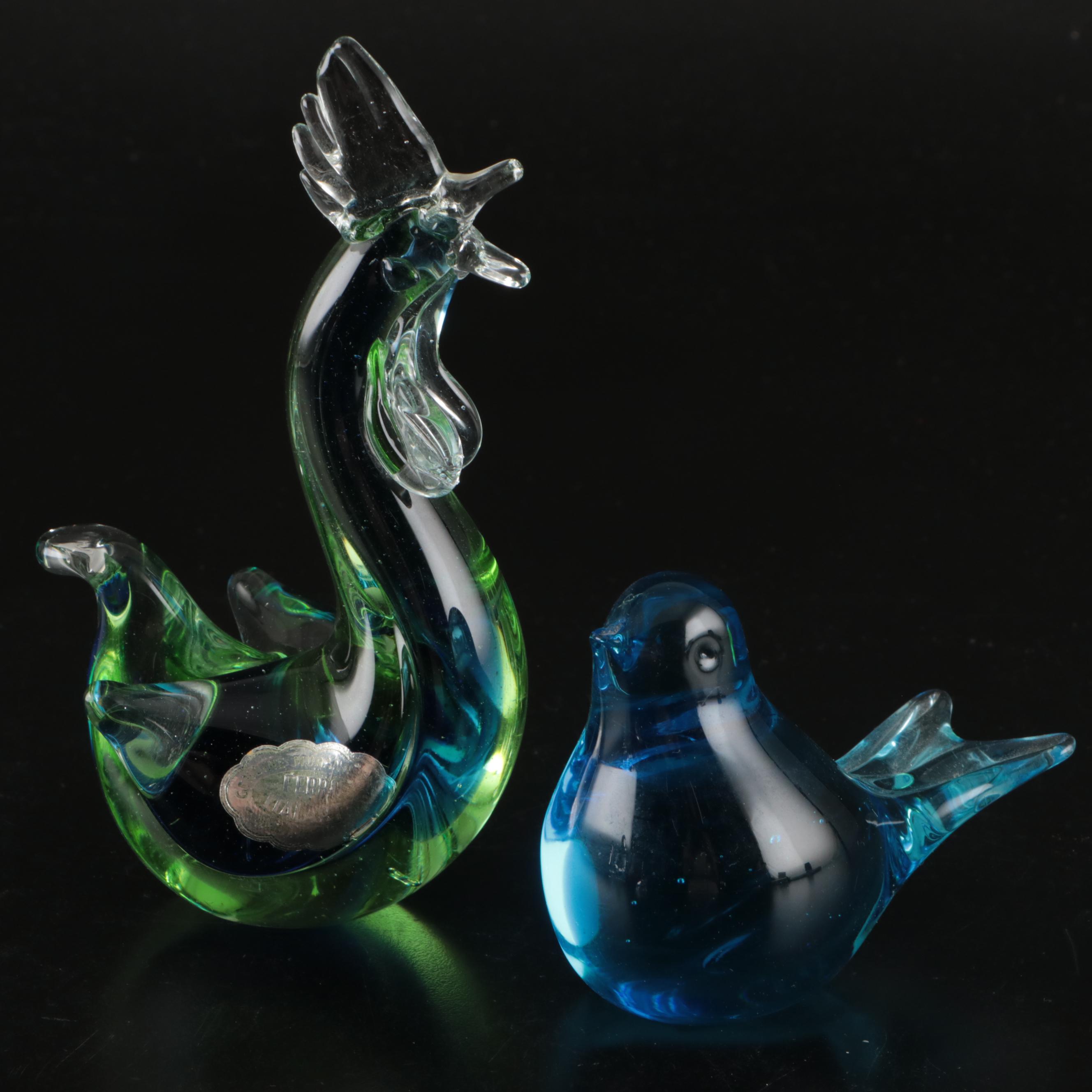 Murano Glass Rooster and Bird with More Art Glass Figurines