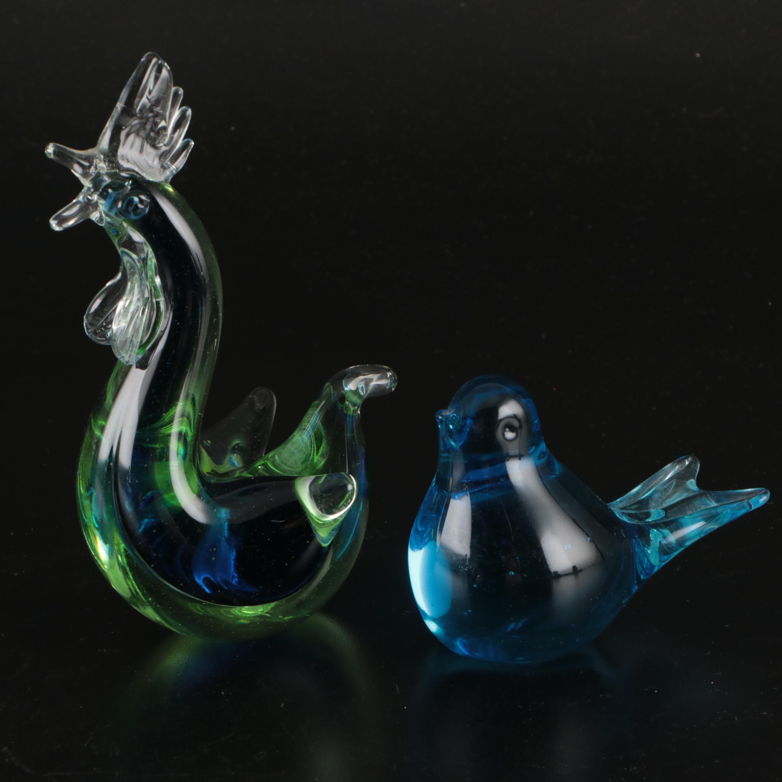 Murano Glass Rooster and Bird with More Art Glass Figurines