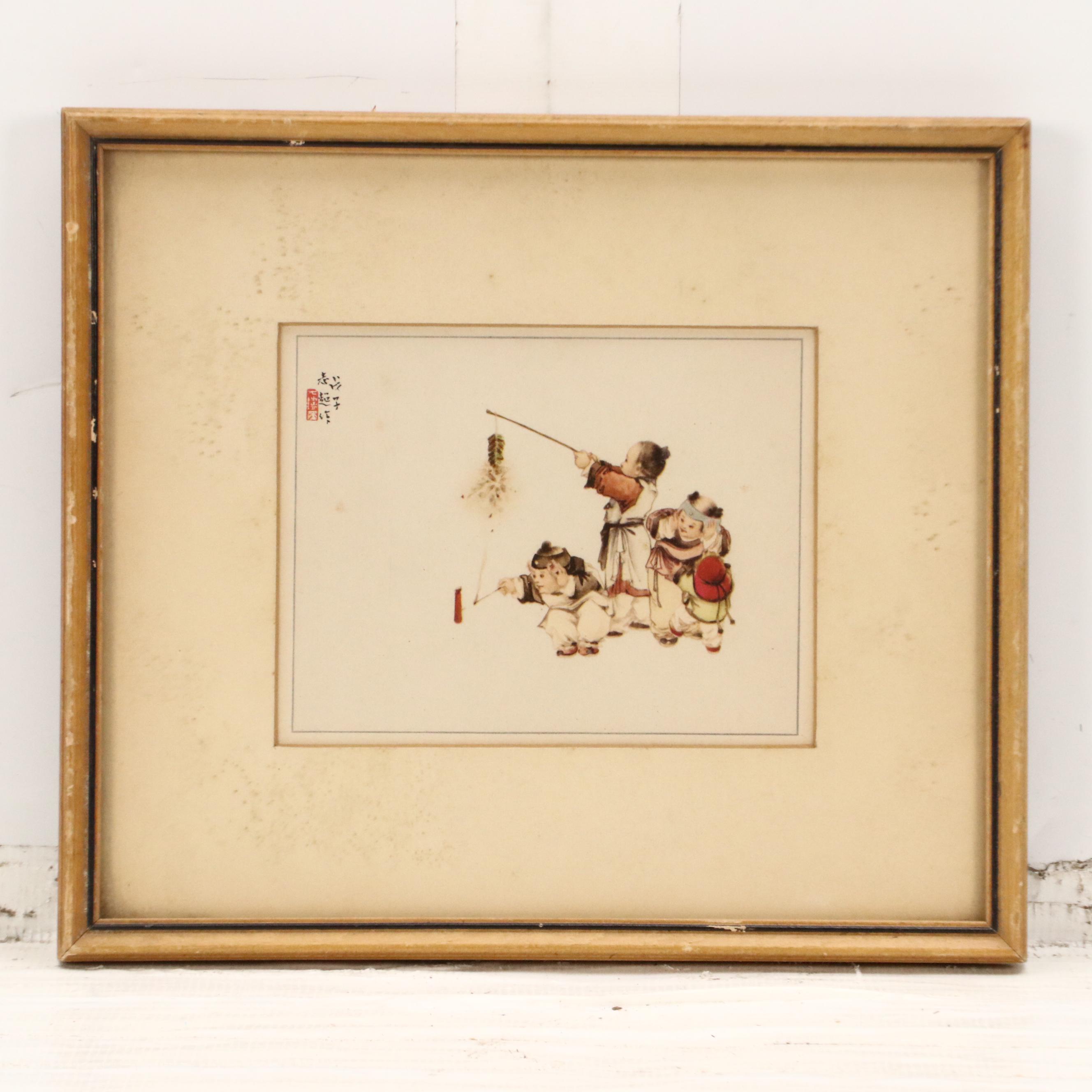 Offset Lithographs of Chinese Scenes with Figures, Fish, and Birds, 20th Century
