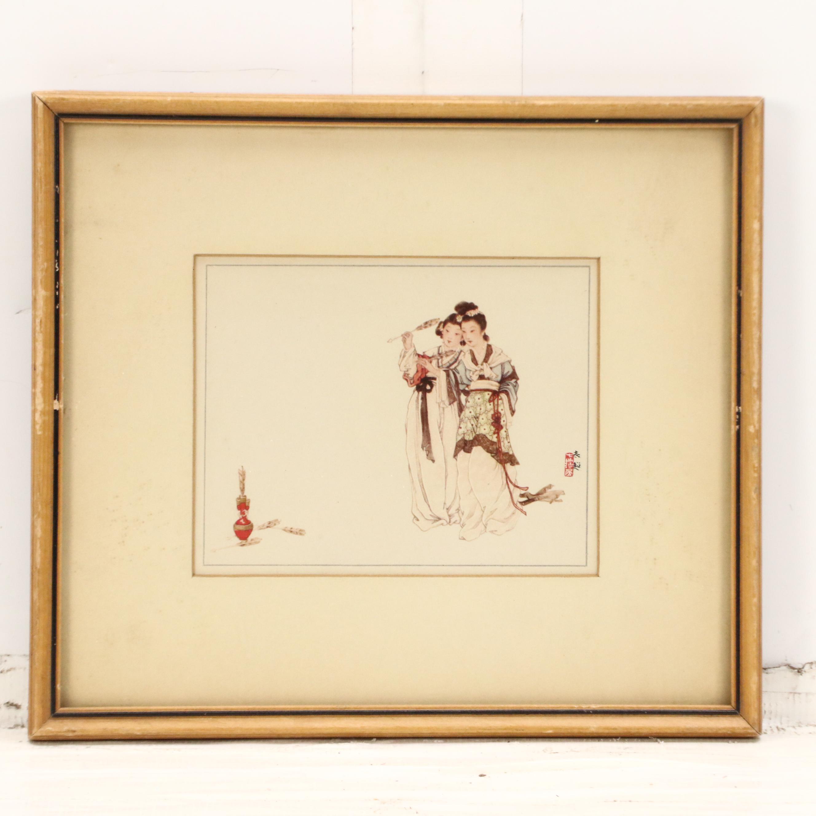 Offset Lithographs of Chinese Scenes with Figures, Fish, and Birds, 20th Century